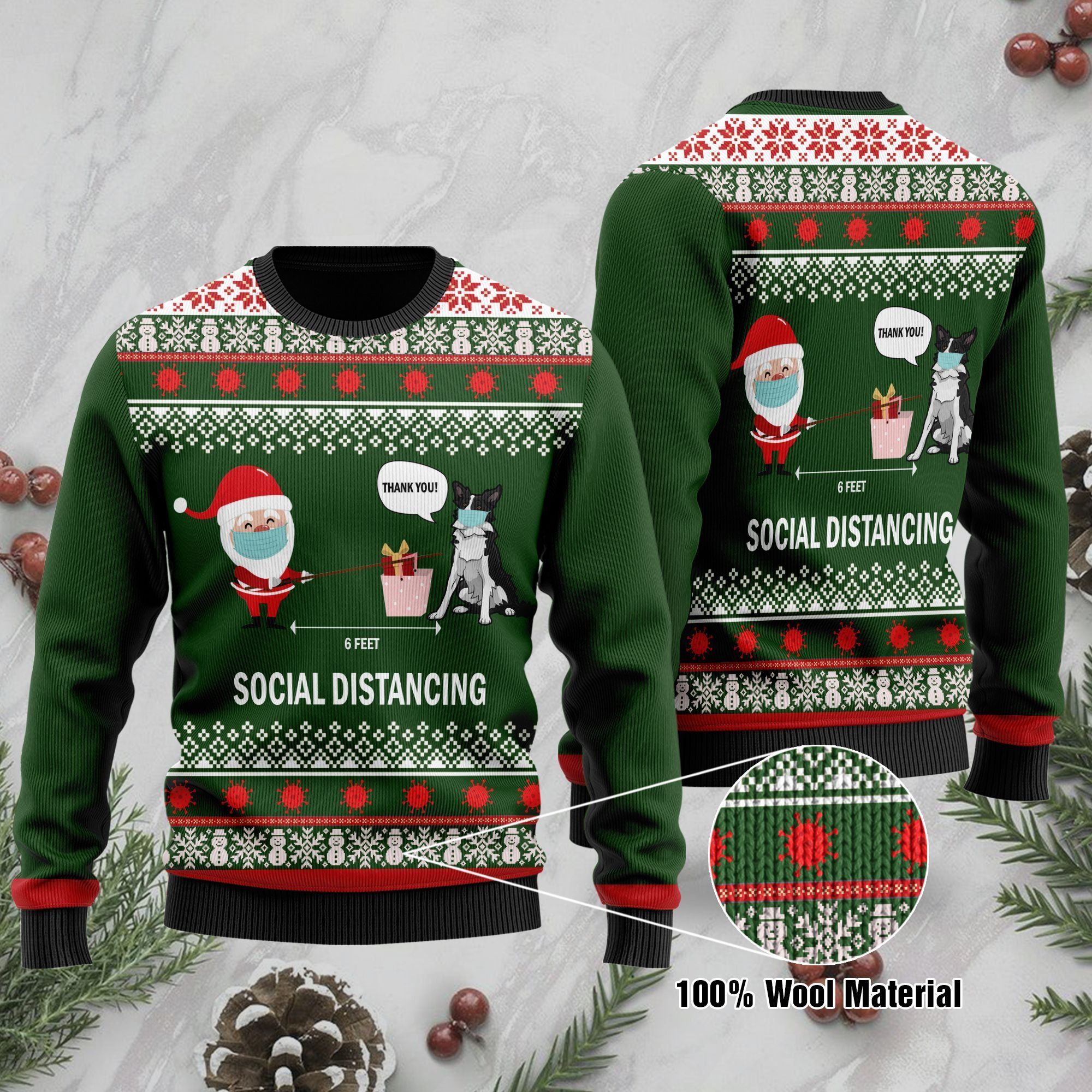 6 Feet Social Distancing Border Collie And Santa Claus Ugly Christmas Sweater For Border Collie Lovers On Christmas Days