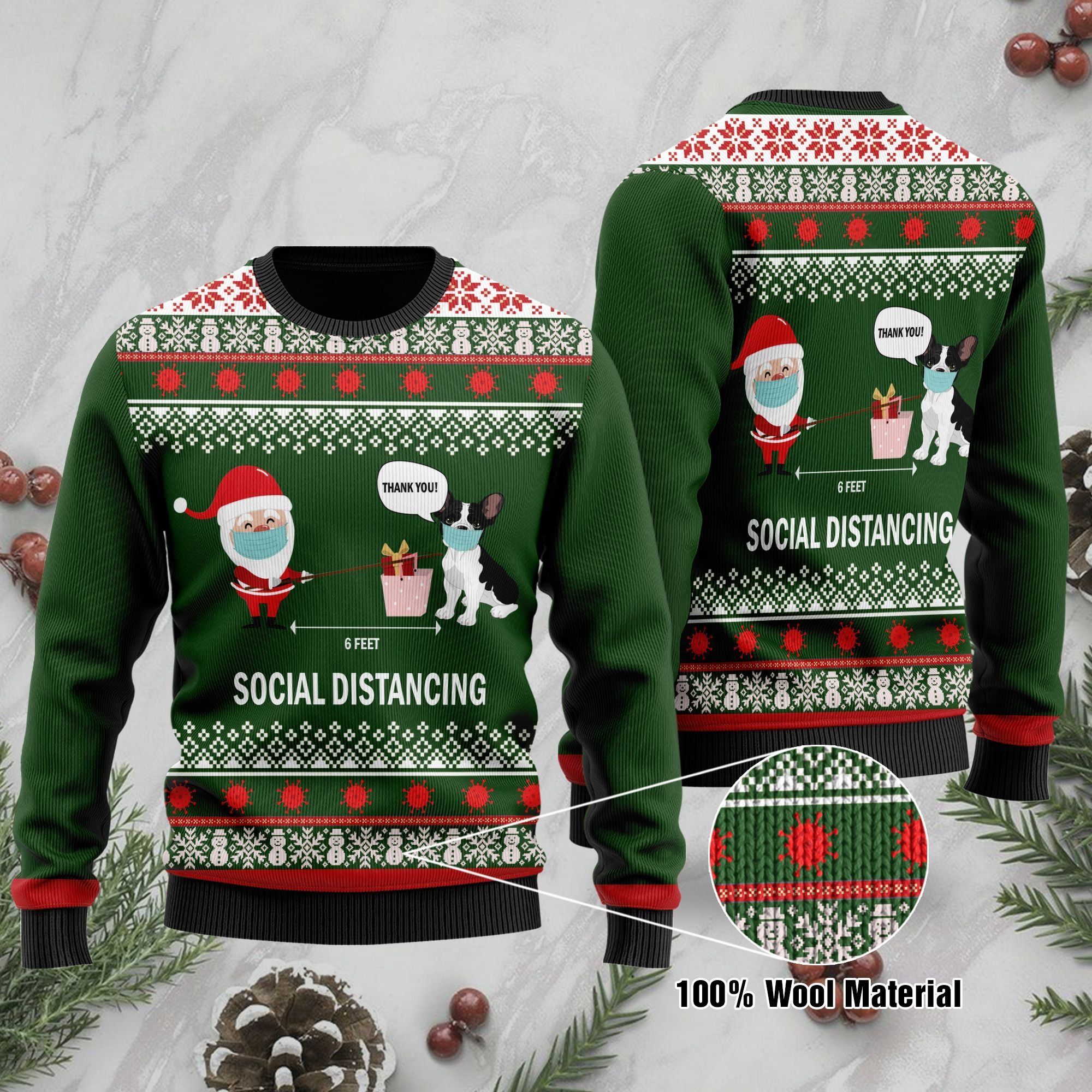 6 Feet Social Distancing French Bulldog And Santa Claus Ugly Christmas Sweater For French Bulldog Lovers On Christmas Days