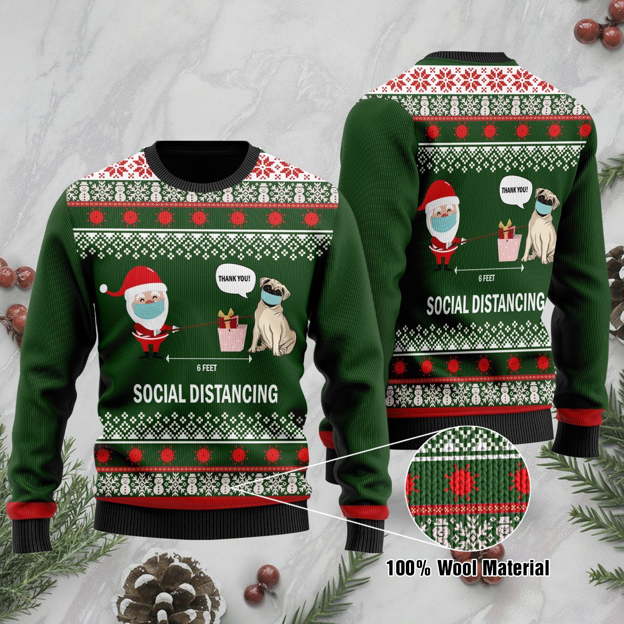 6 Feet Social Distancing Pug And Santa Claus Ugly Christmas Sweater For Pug Lovers On Christmas Days