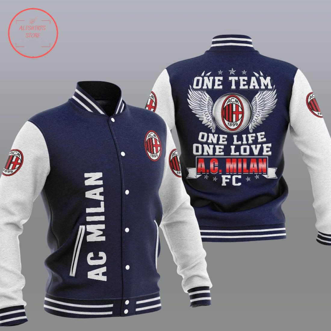 AC Milan Dark Blue One Team Varsity Baseball Jacket for Men & Women | Soccer Team Fan Gift