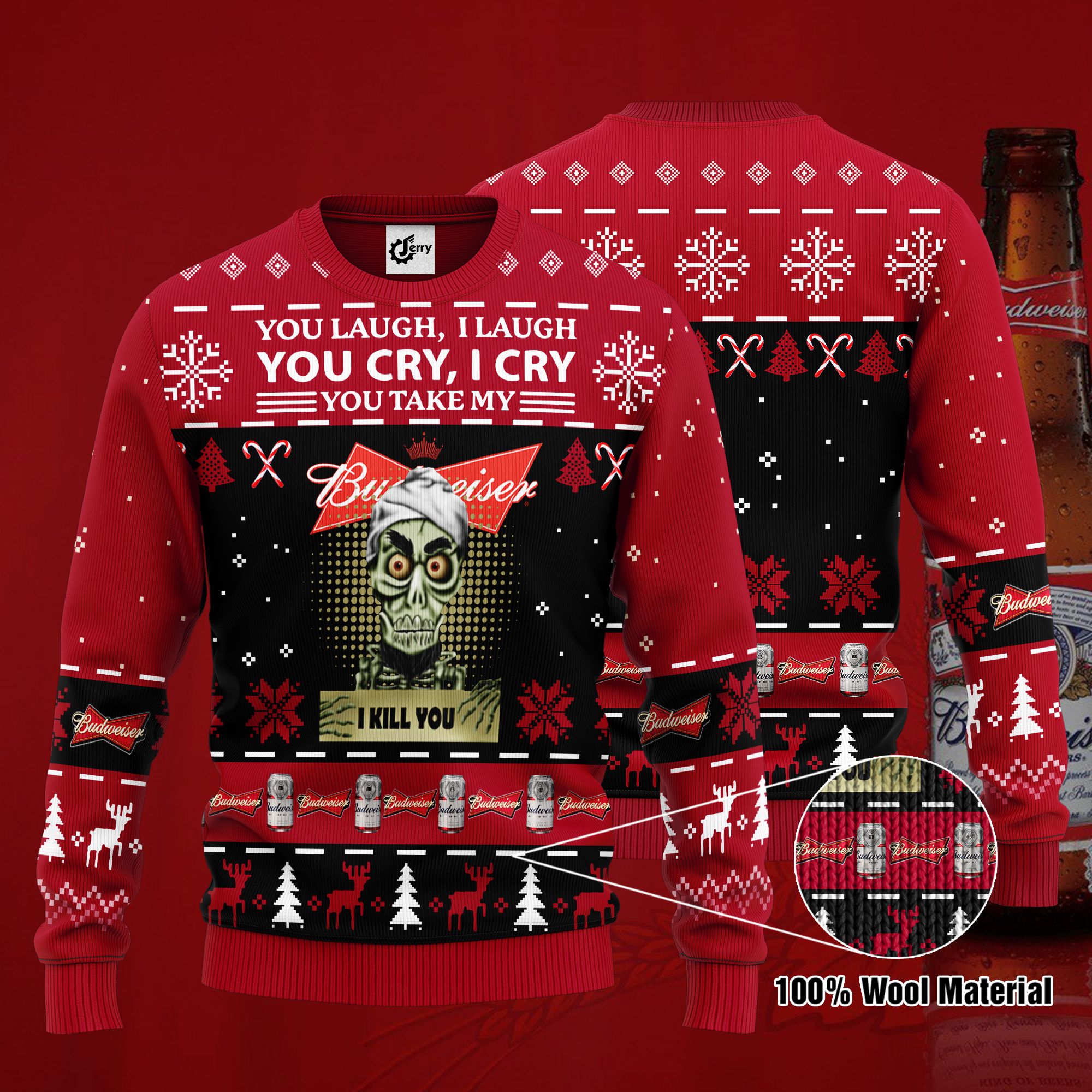 Achmed You Laugh I Laugh You Cry I Cry You Take My Budweiser I Kill You Ugly Christmas Sweater, Hoodie, Zip Hoodie, Bomber Jacket
