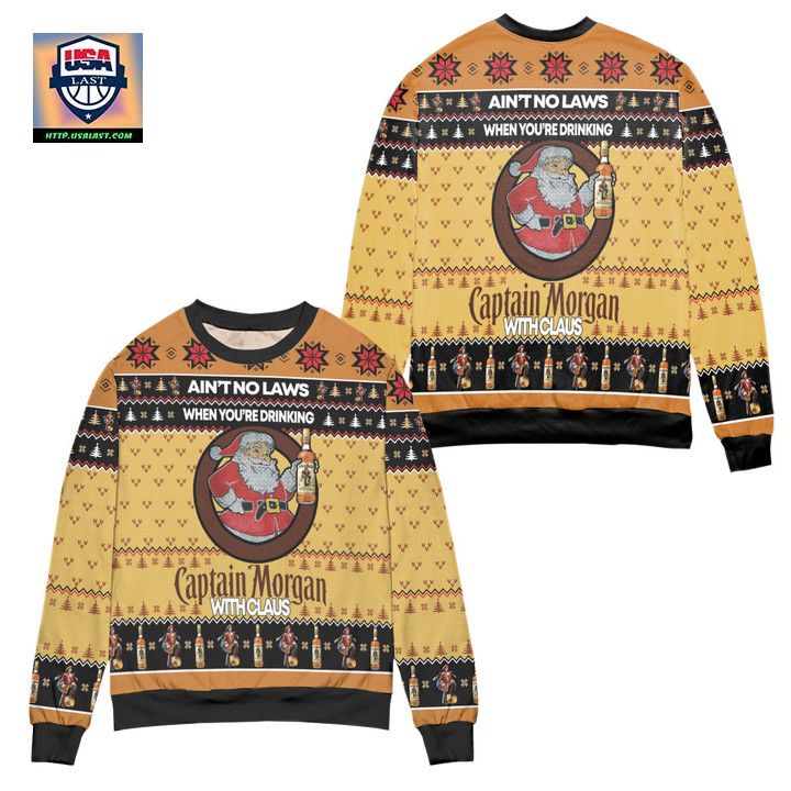 Aint No Laws When Youre Drinking Captain Morgan With Claus Ugly Christmas Sweater Yellow