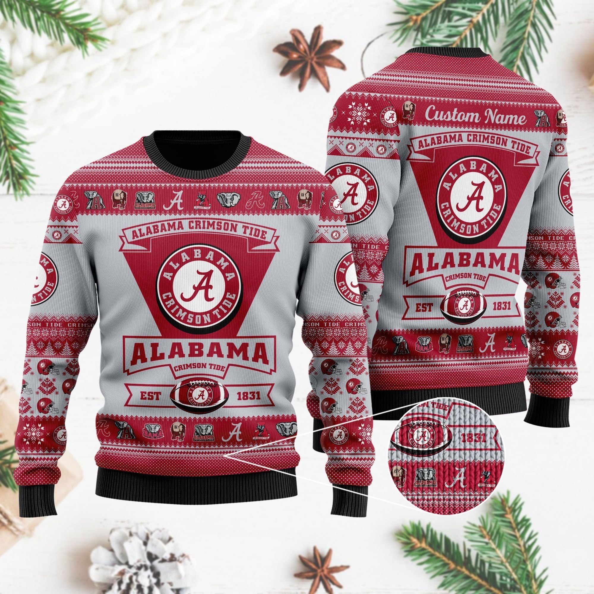 Alabama Crimson Tide Football Team Logo Custom Name Personalized Ugly Christmas Sweater Holiday Party Men Women Plus Size