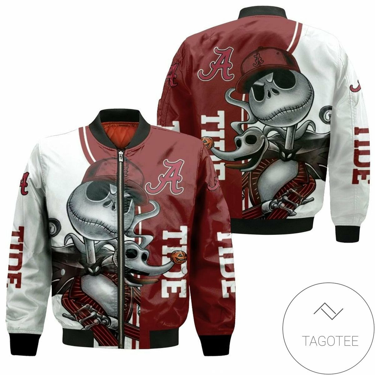 Alabama Crimson Tide Jack Skellington And Zero Bomber Jacket | NCAA College Team Jacket for Men & Women | Sports Fan Gift