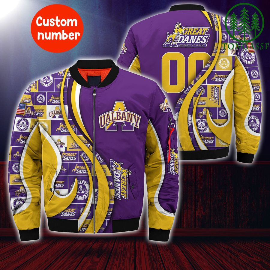 Albany Great Danes Personalized Name Number Purple Gold Bomber Jacket | NCAA College Team Jacket for Men & Women | Sports Fan Gift