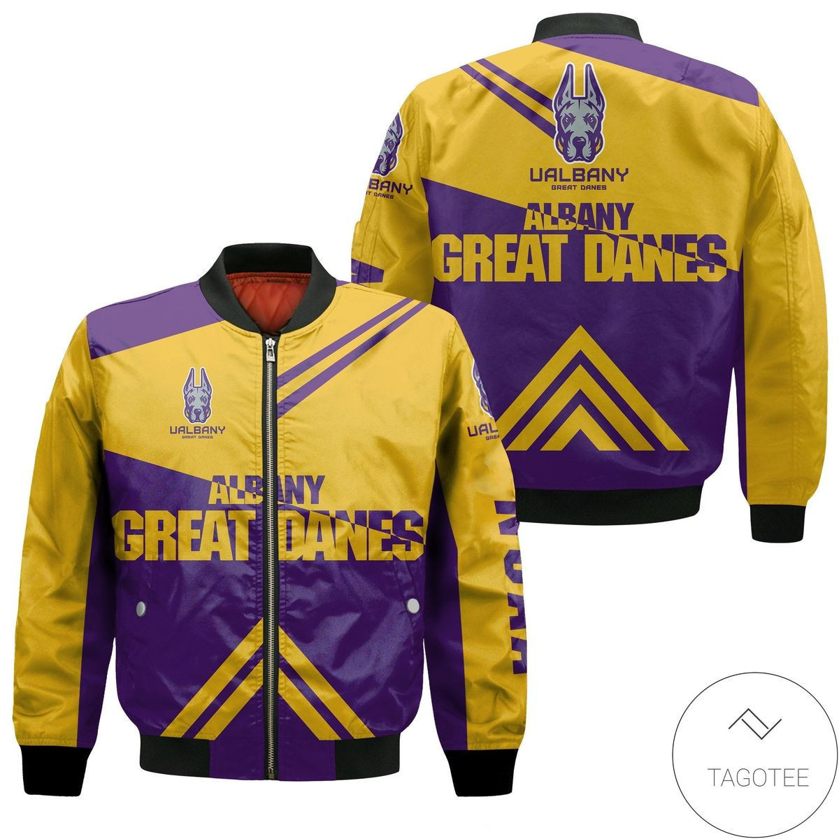 Albany Great Danes Stripes Cross Shoulders Bomber Jacket | NCAA College Team Jacket for Men & Women | Sports Fan Gift