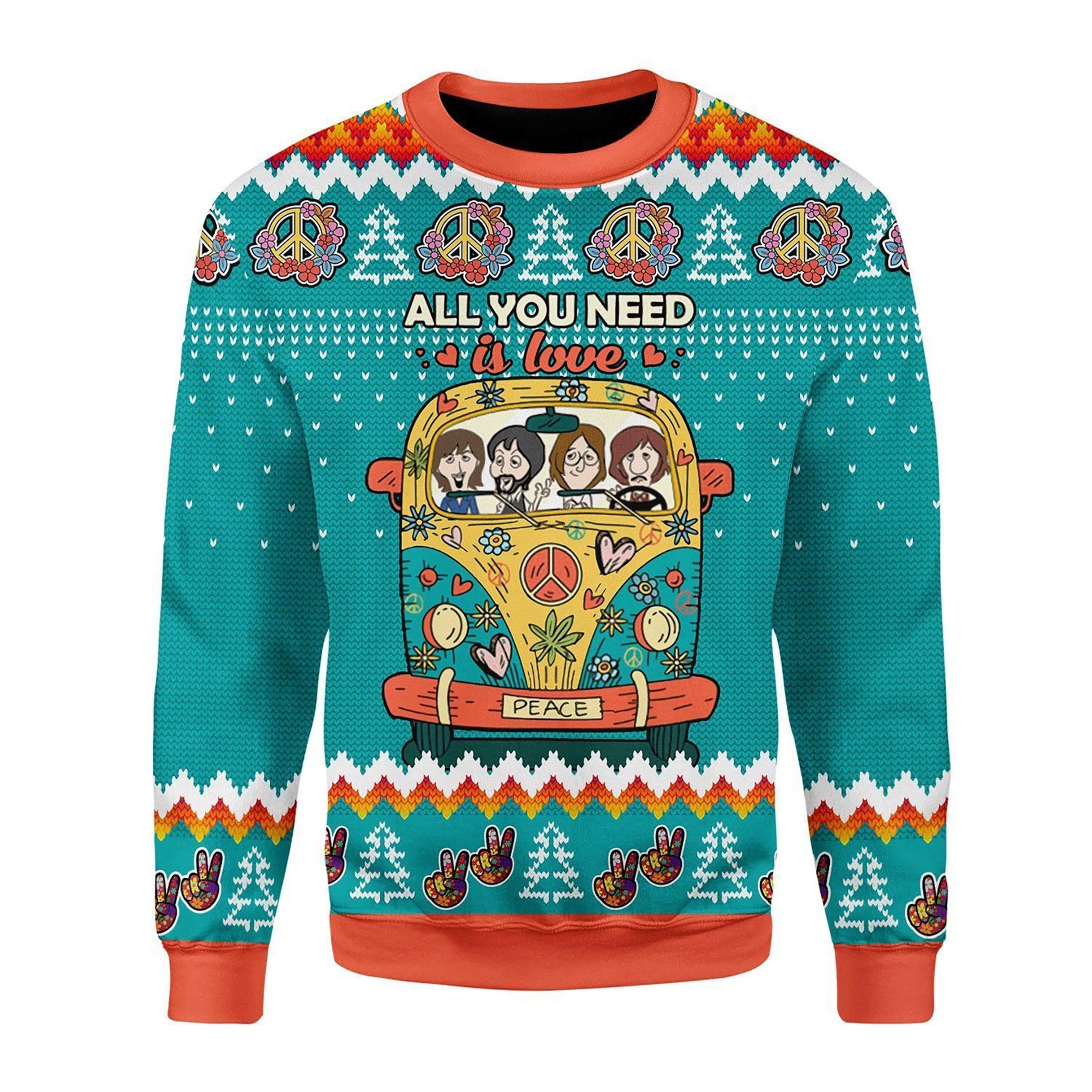 All You Need Is Love Hippie Peace Bus Ugly Christmas Sweater