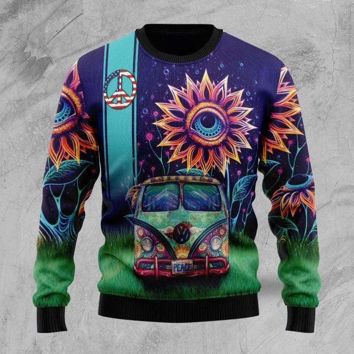 Amazing Hippie Van And Sunflower Eyes Ugly Christmas Sweater, Perfect Holiday Gift