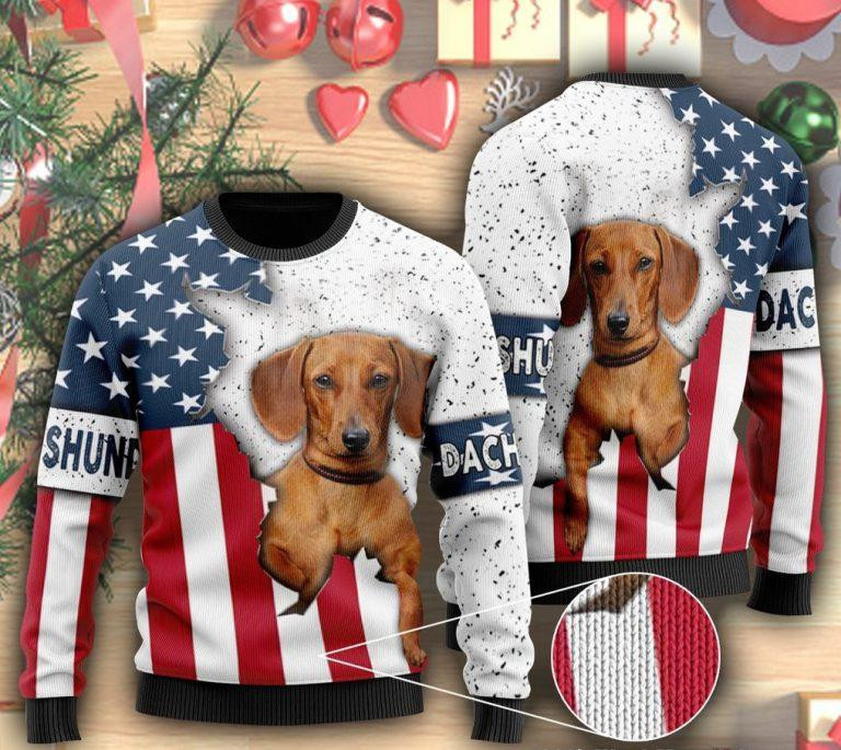 American Flag And Dachshund Dog Ugly Christmas Sweater, Perfect Holiday Gift