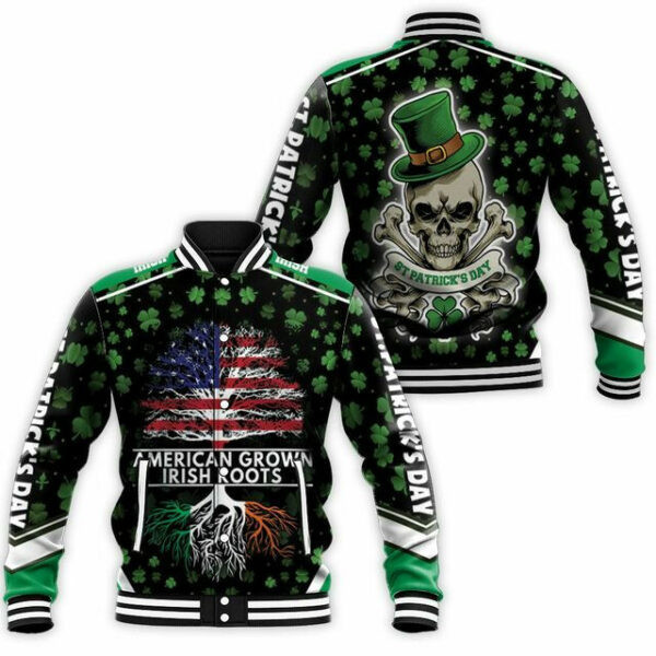 American Grown Irish Roots Skull Saint Patrickâ€™s Day Baseball Jacket for Men & Women | Holiday Fan Gift