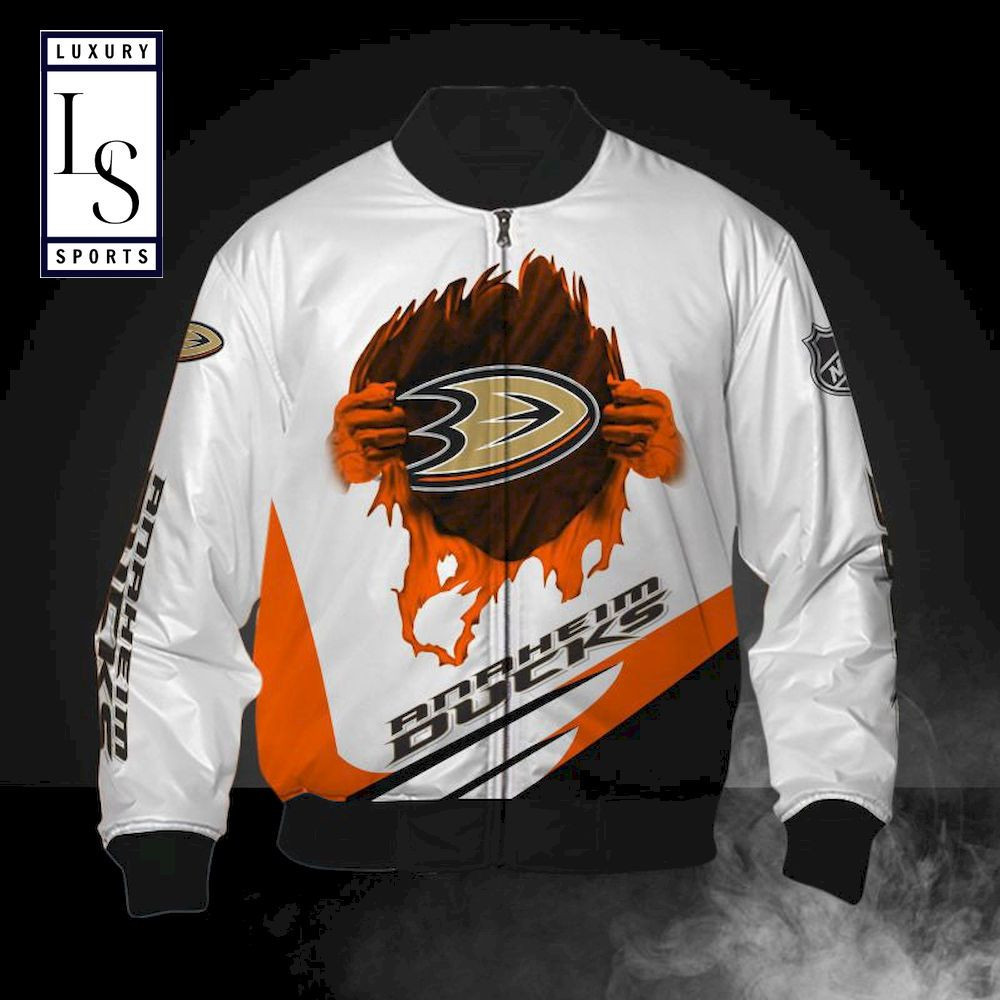 Anaheim Ducks White Orange Logo Pulling Hand Bomber Jacket | NHL Team Jacket for Men & Women | Hockey Fan Gift