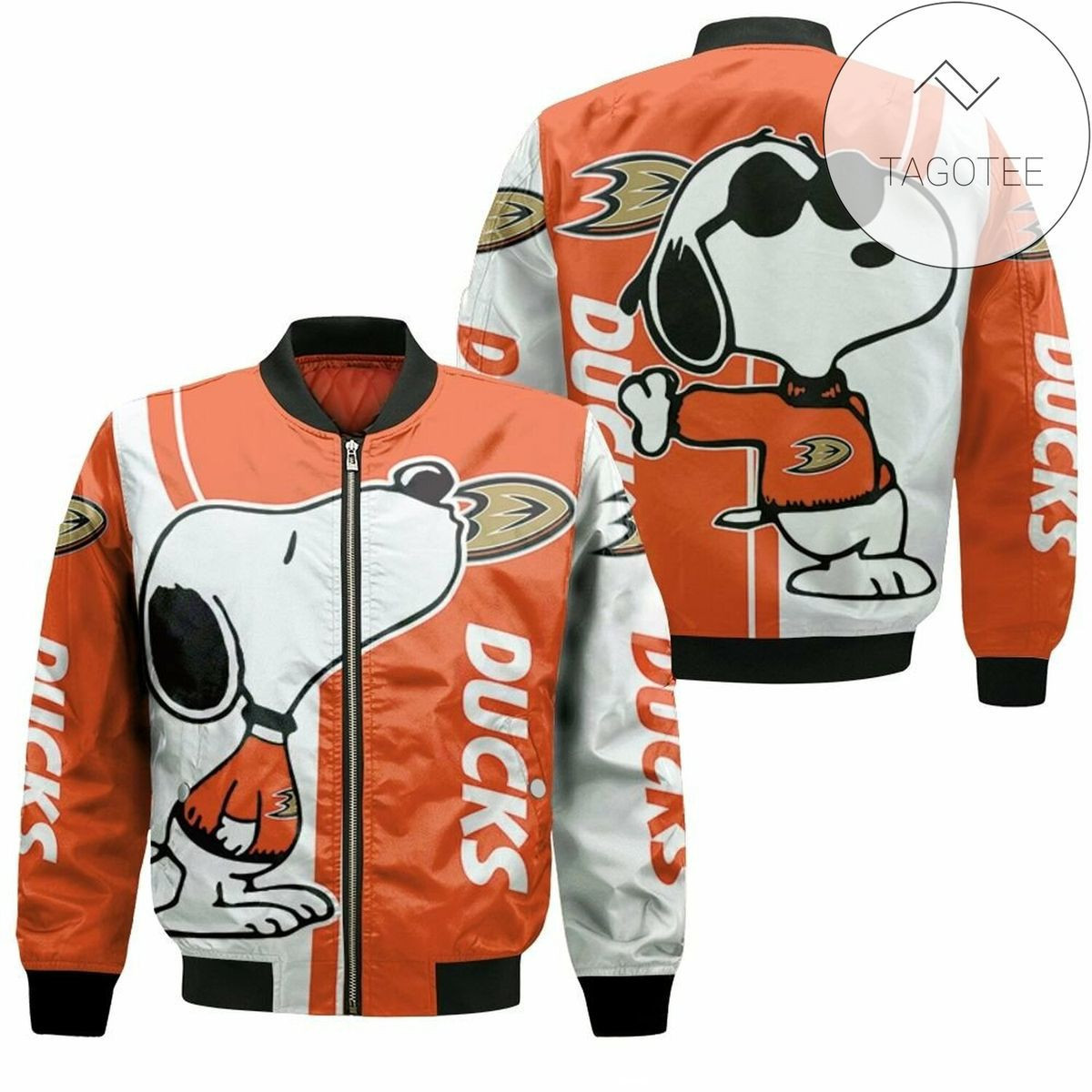 Anaheim Ducks White Orange Snoopy Bomber Jacket | NHL Team Jacket for Men & Women | Hockey Fan Gift