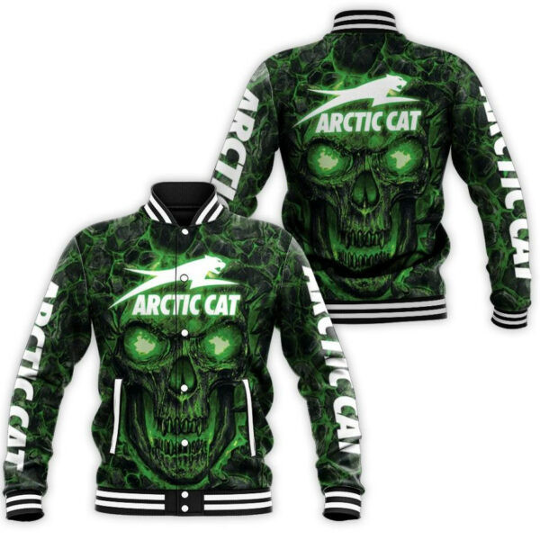 Arctic Cat Green Flame Skull Baseball Jacket for Men & Women | Vehicle Brand Fan Gift