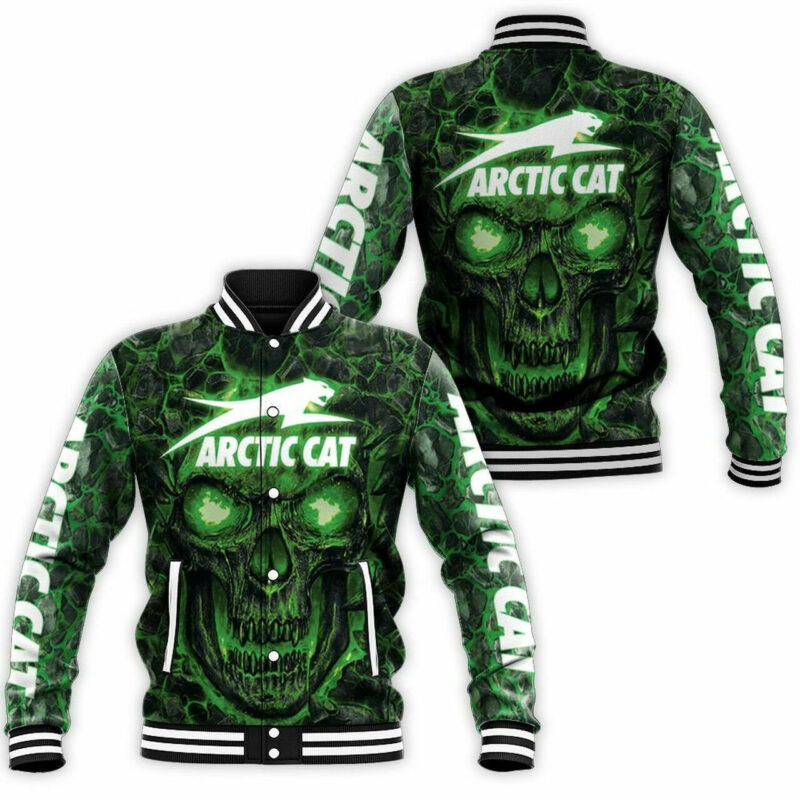 Arctic Cat Green Flame Skull Baseball Jacket for Men & Women | Vehicle Brand Fan Gift