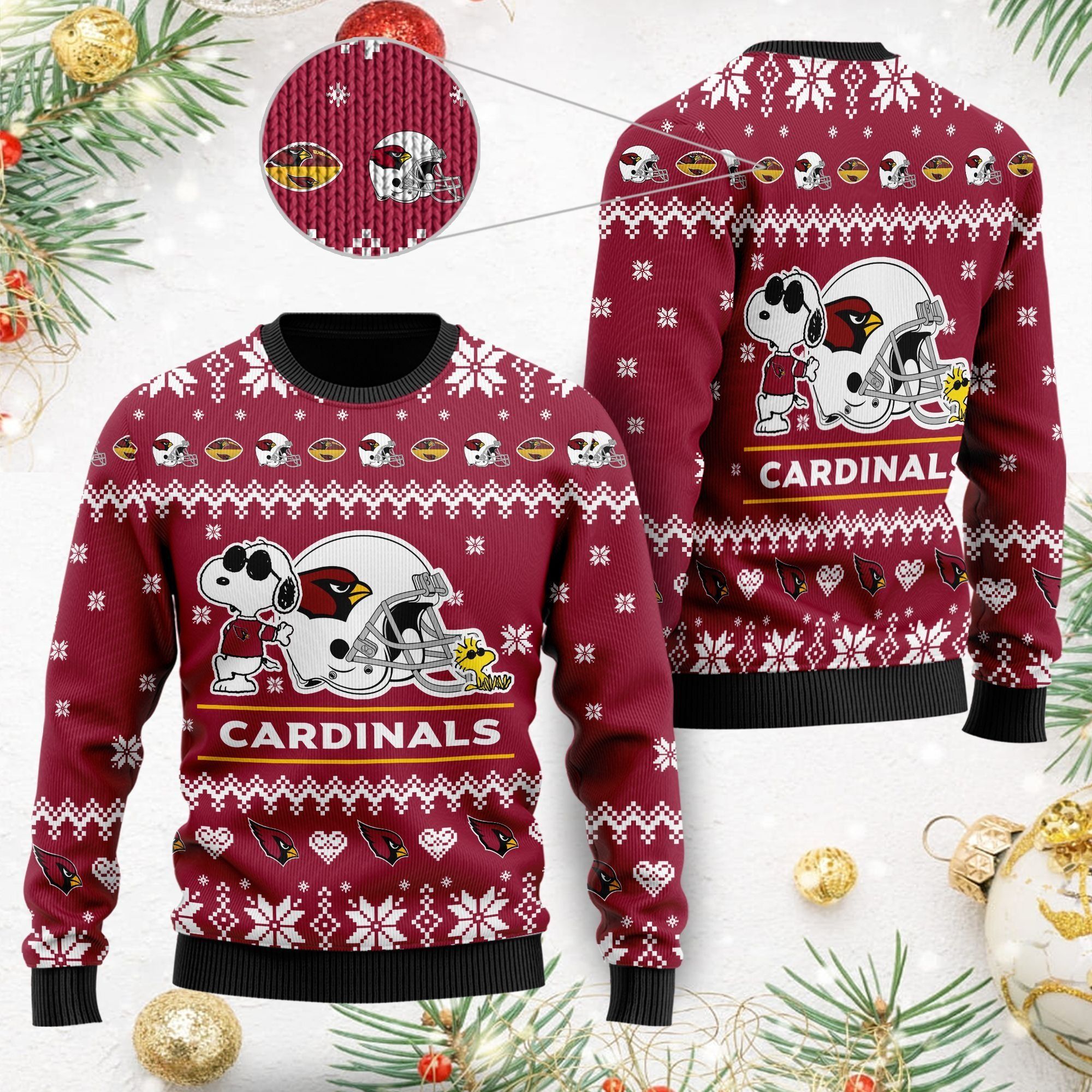 Arizona Cardinals Cute The Snoopy Show Football Helmet 3D All Over Print Ugly Christmas Sweater For American Football Players And Fans On Christmas Days