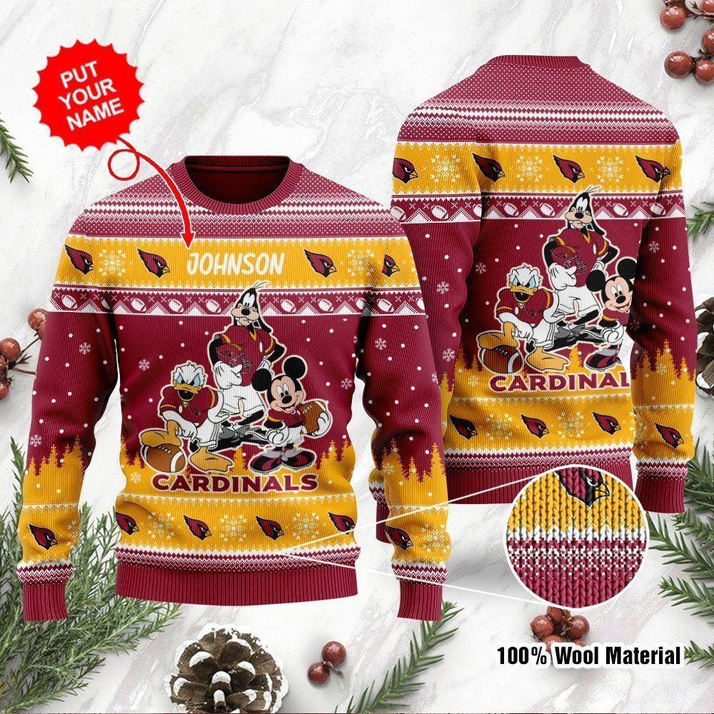Arizona Cardinals Disney Donald Duck Mickey Mouse Goofy Custom Name Personalized Ugly Christmas Sweater Holiday Party For Men Women