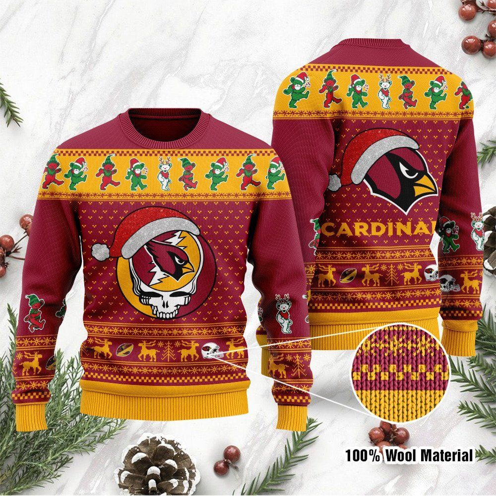 Arizona Cardinals Grateful Dead SKull And Bears Custom Name Ugly Christmas Sweater NFL Football Christmas