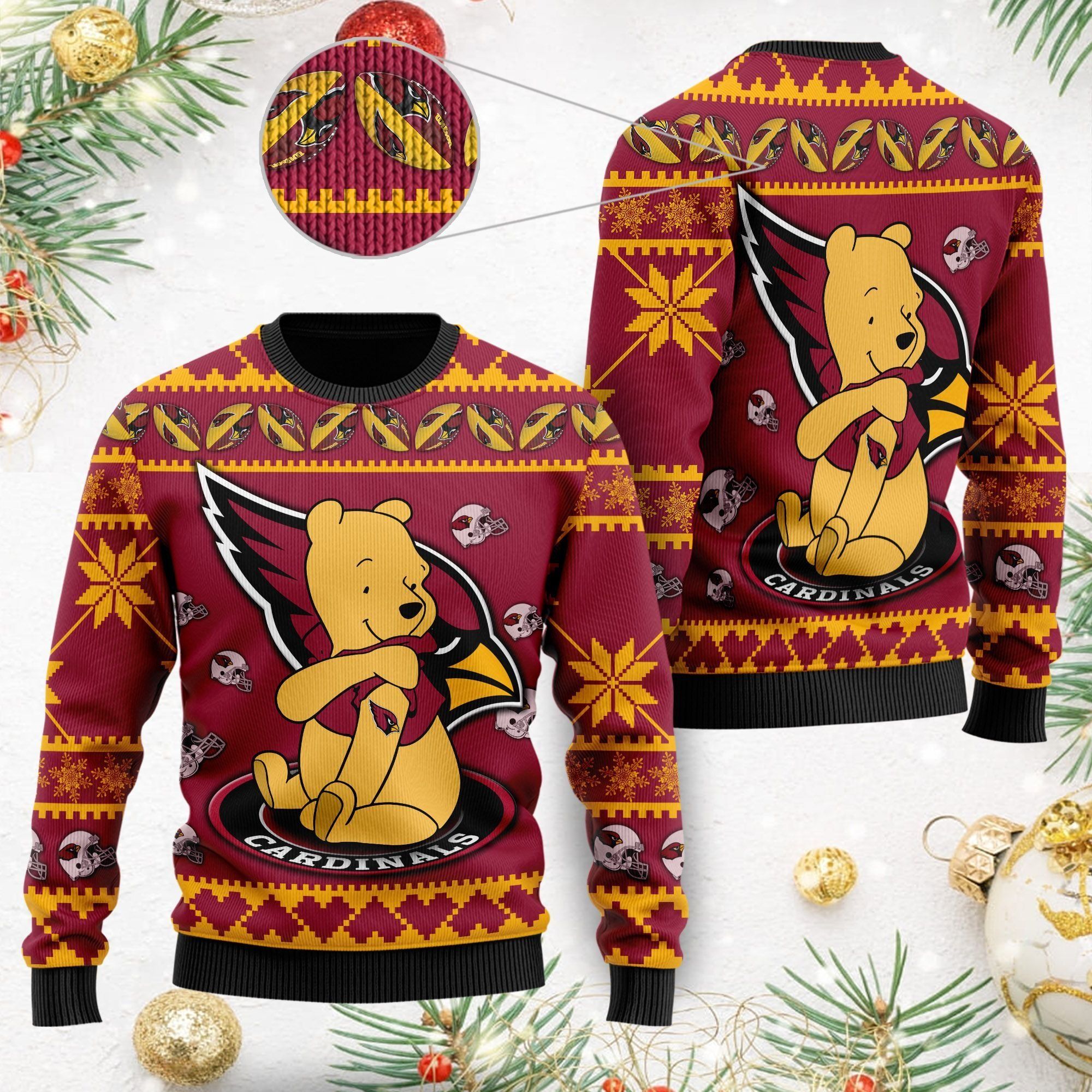 Arizona Cardinals NFL American Football Team Logo Cute Winnie The Pooh Bear 3D Ugly Christmas Sweater