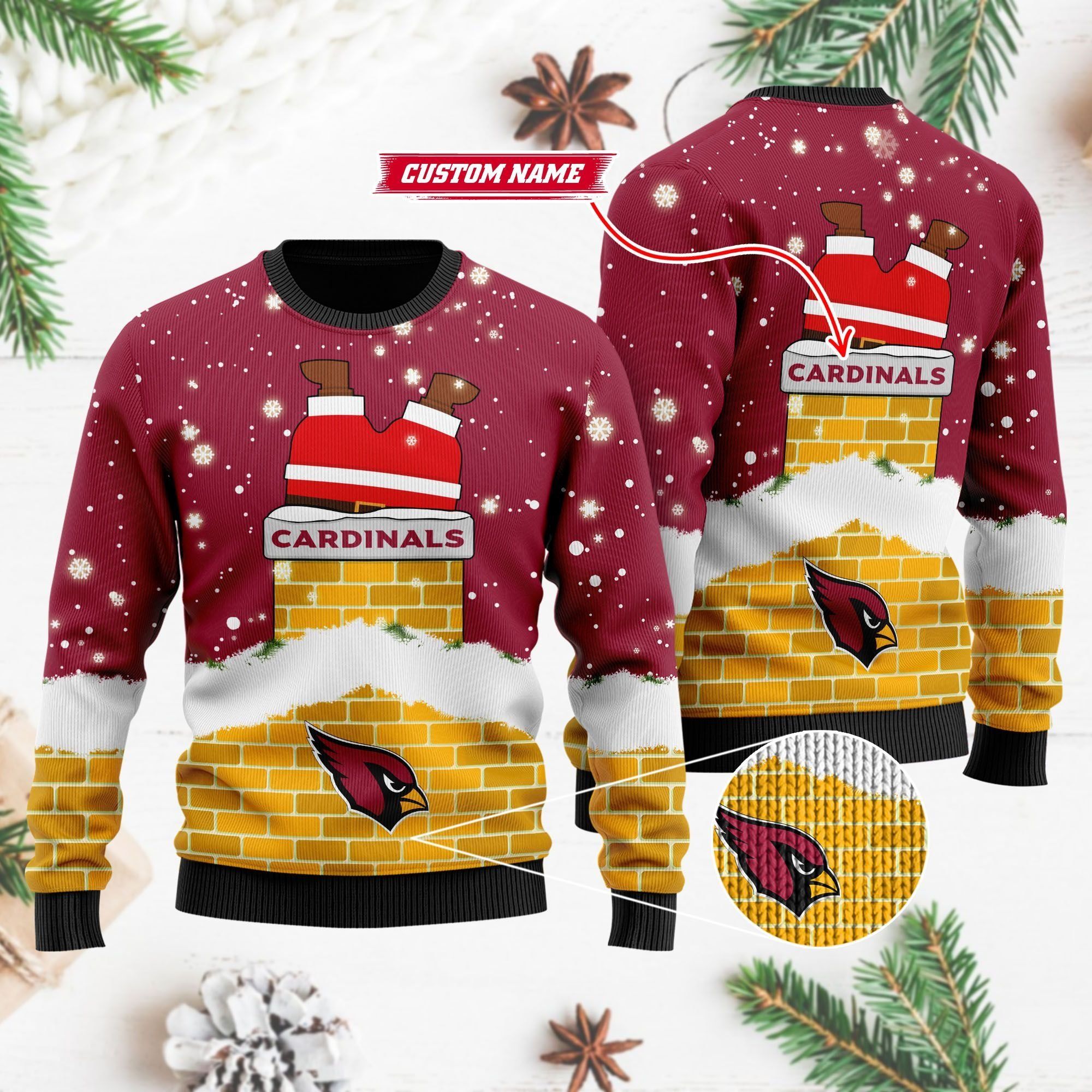 Arizona Cardinals NFL Football Team Logo Symbol Santa Claus Custom Name Personalized 3D Ugly Christmas Sweater