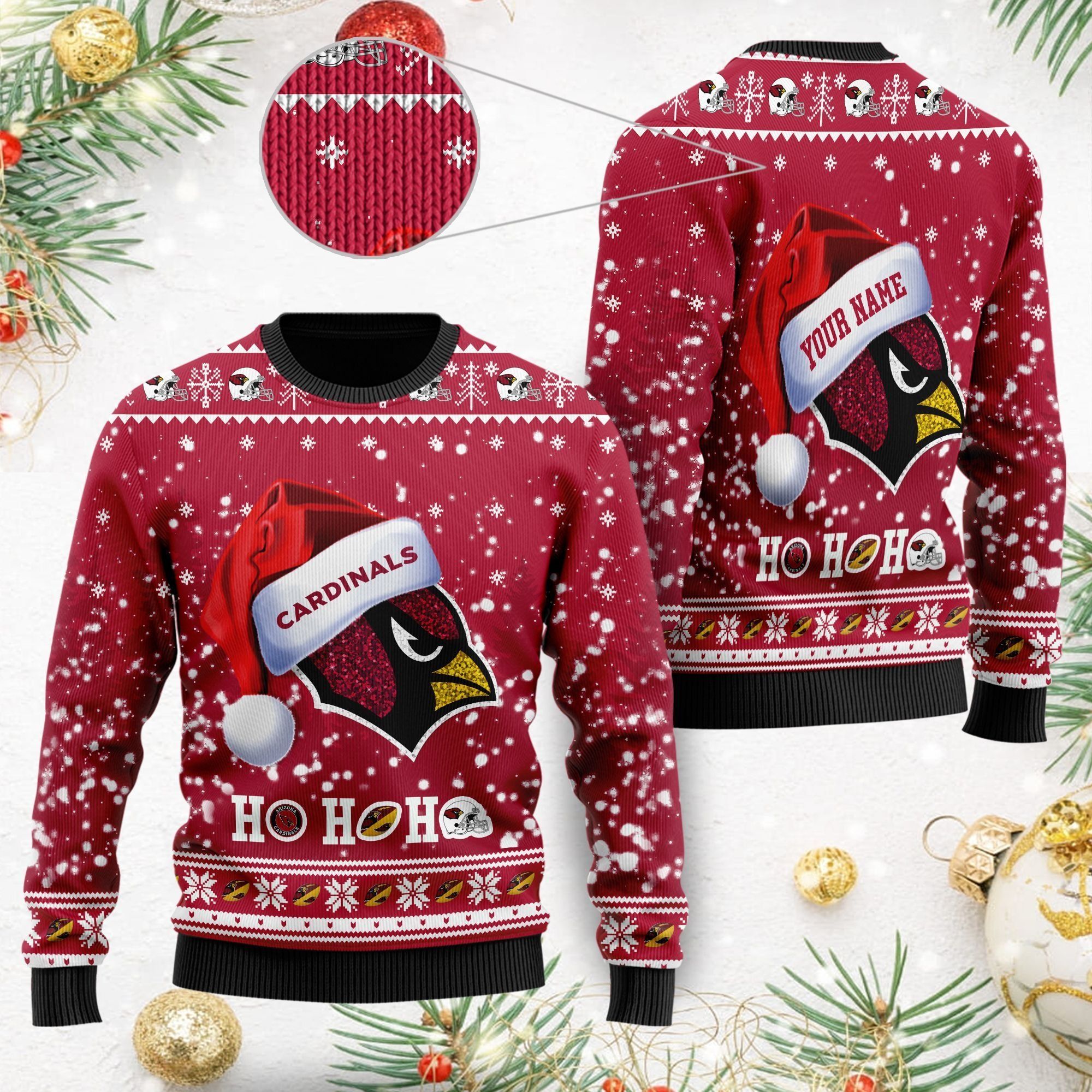 Arizona Cardinals Symbol Wearing Santa Claus Hat Cute Pattern Ho Ho Ho Custom Personalized Ugly Christmas Sweater For Football Fans On Xmas Party