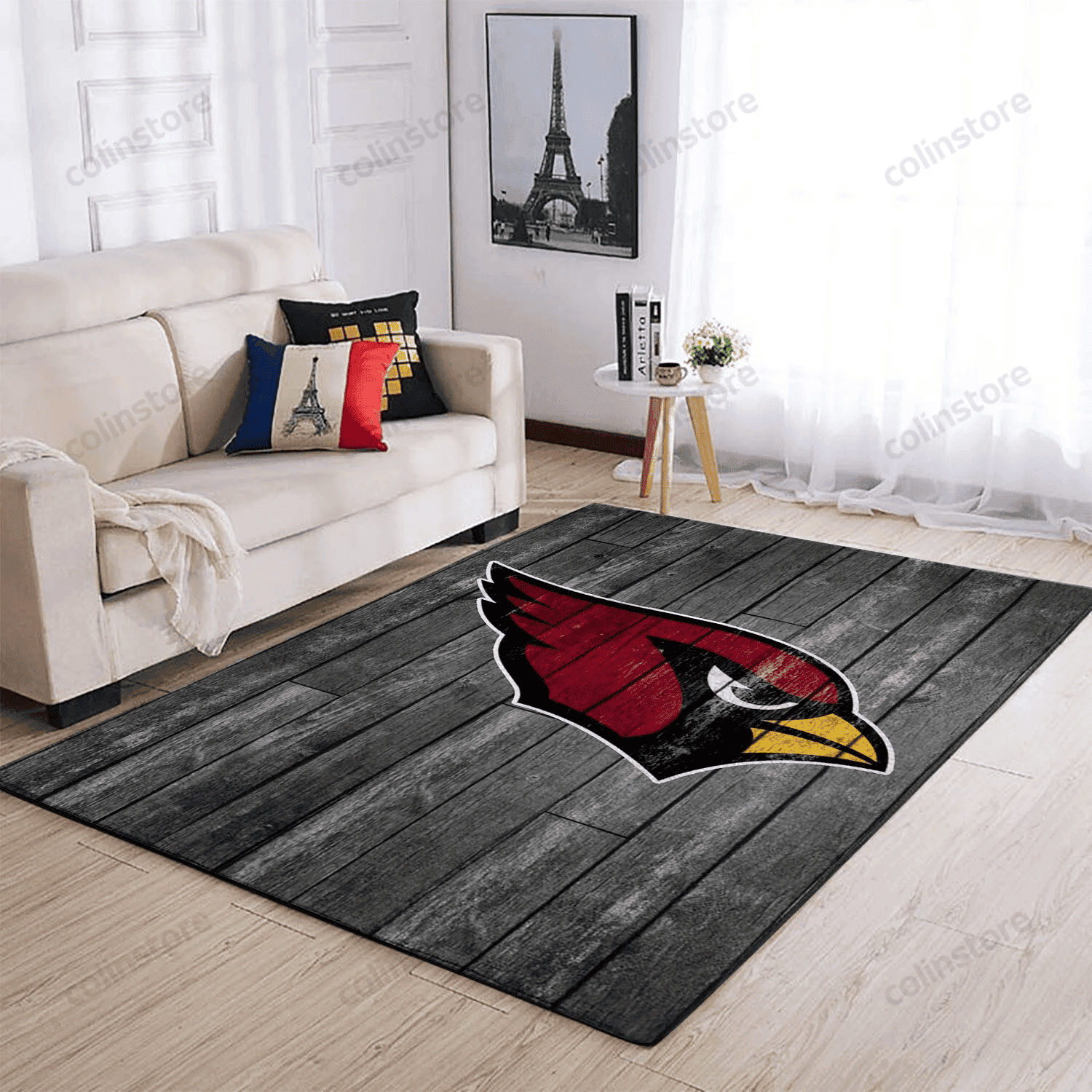 Arizona Cardinals Team Logo Grey Wooden Rectangle Area Rug – Full Print Carpet For Living Room & Bedroom Home Decor