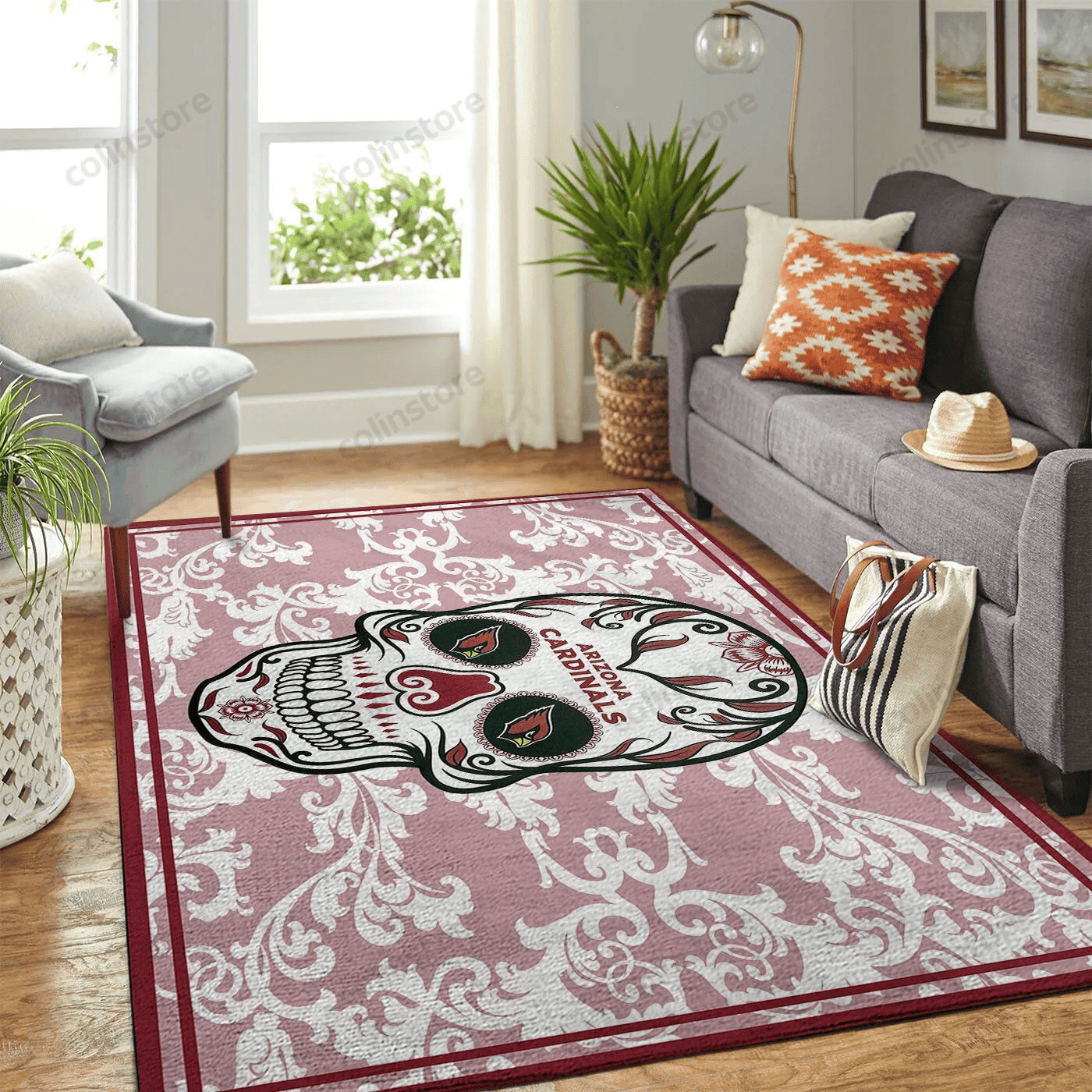 Arizona Cardinals Team Logo Skull Flower Rectangle Area Rug – Full Print Carpet For Living Room & Bedroom Home Decor