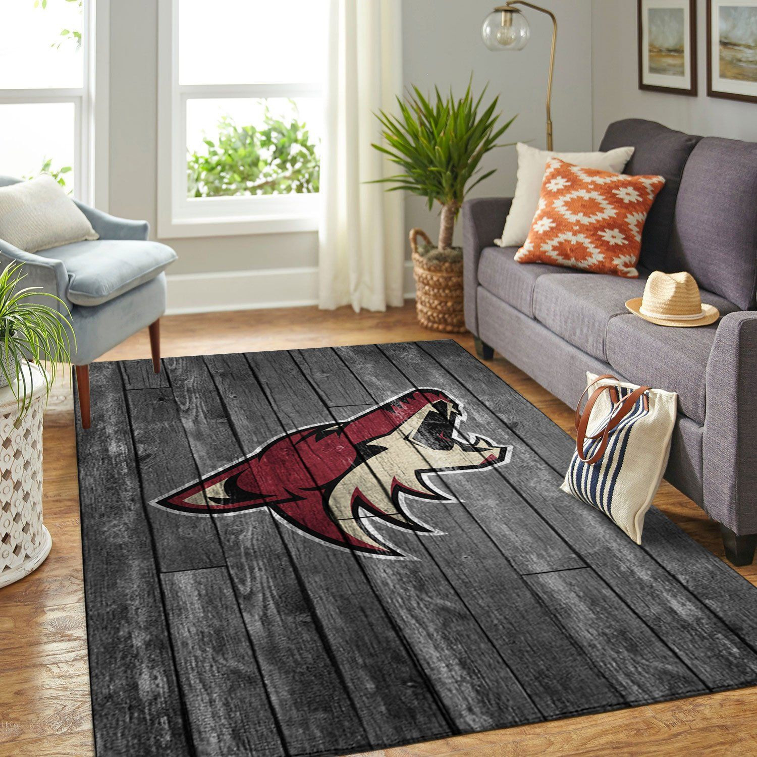 Arizona Coyotes Team Logo Grey Wooden Rectangle Area Rug – Full Print Carpet For Living Room & Bedroom Home Decor