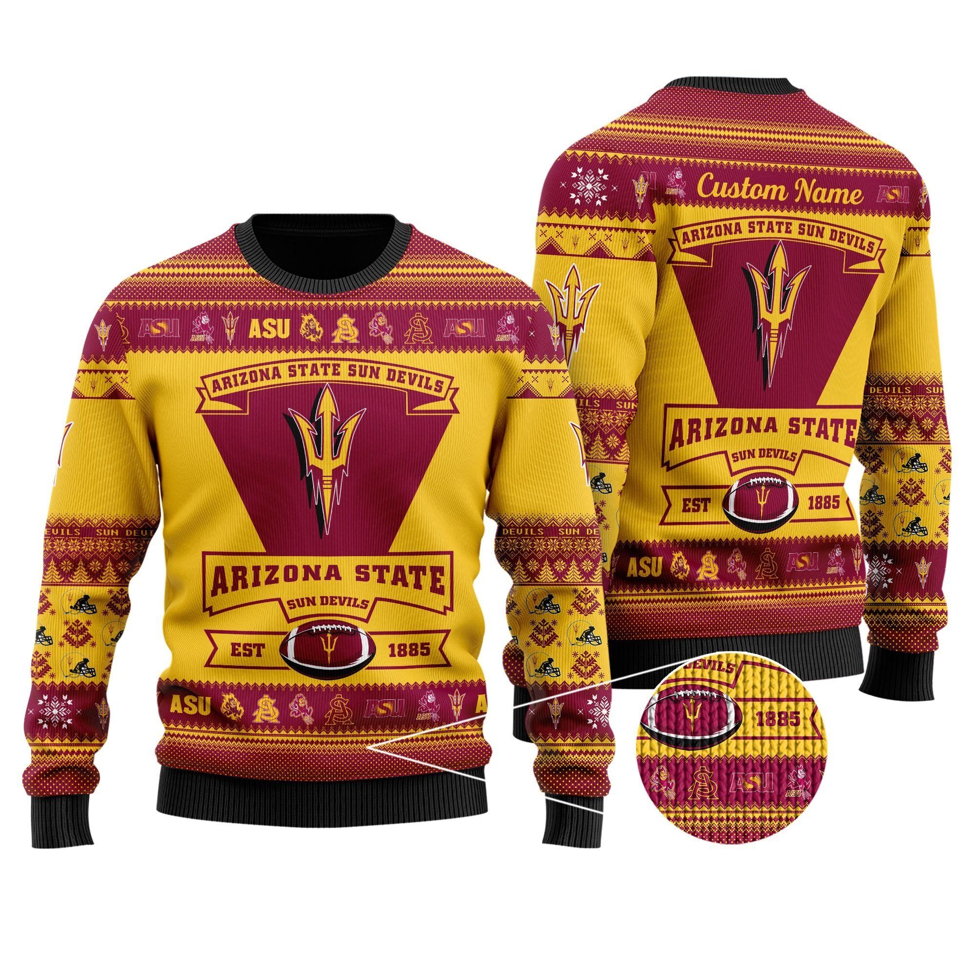 Arizona State Sun Devils Football Team Logo Custom Name Personalized Ugly Christmas Sweater Holiday Party Men Women Plus Size