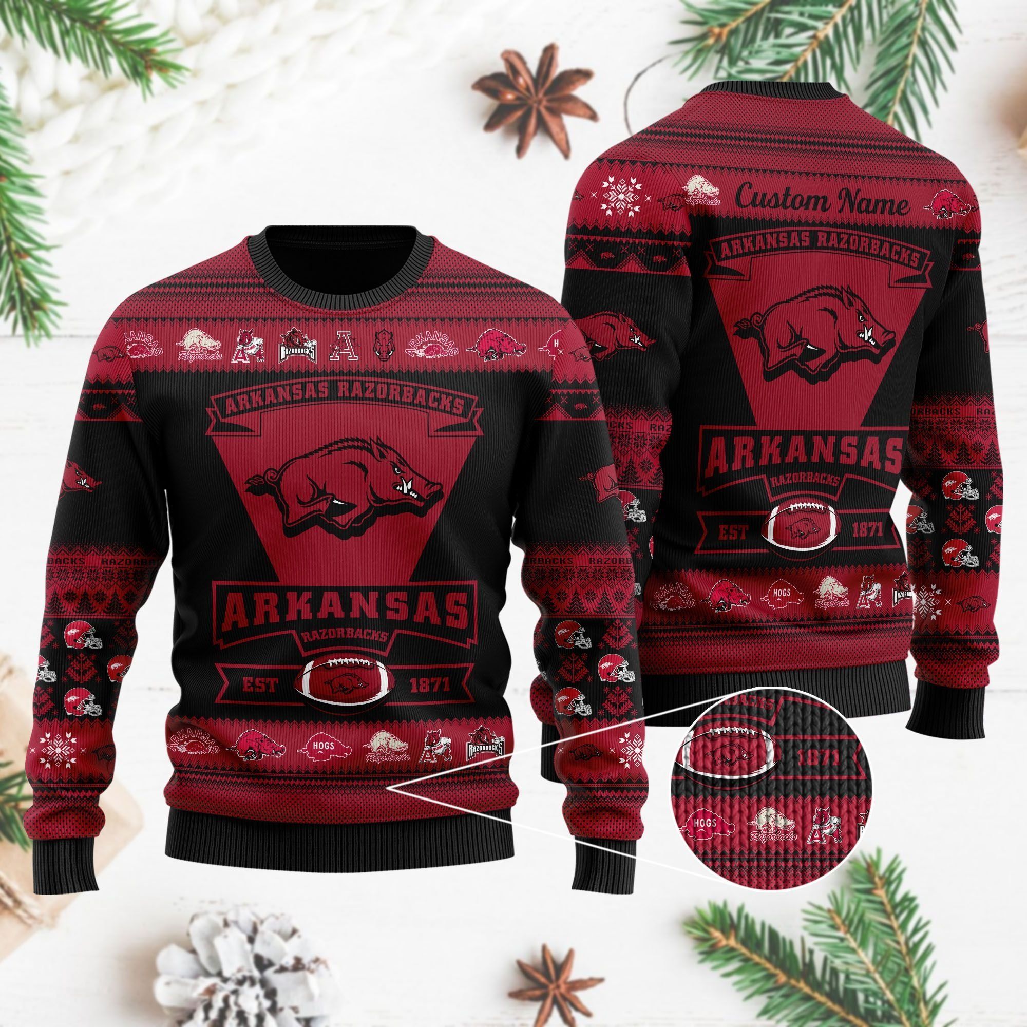 Arkansas Razorbacks Football Team Logo Custom Name Personalized Ugly Christmas Sweater Holiday Party Men Women Plus Size