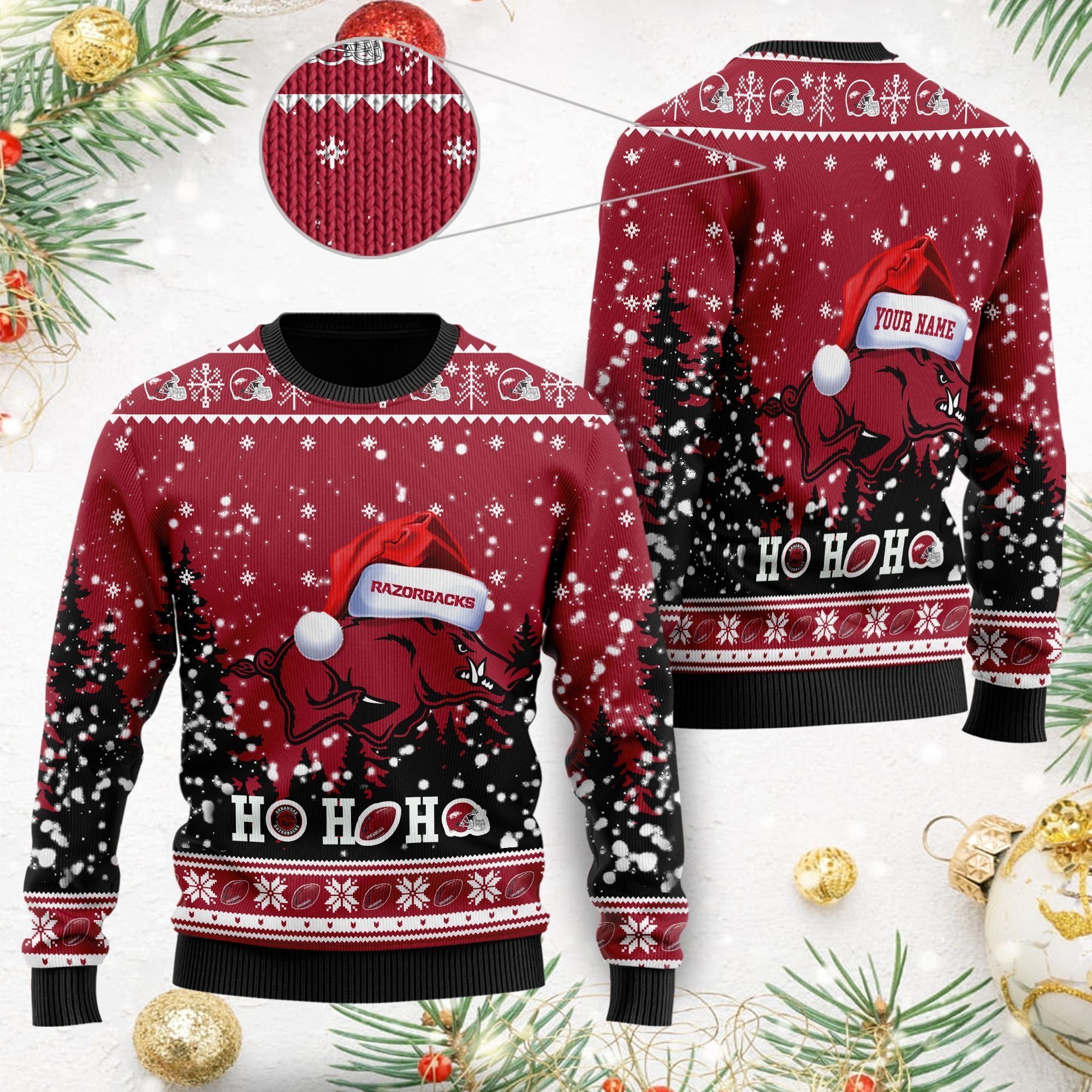 Arkansas Razorbacks NCAA Symbol Wearing Santa Claus Hat Cute Pattern Ho Ho Ho Custom Personalized Ugly Christmas Sweater For Football Fans On Xmas Party