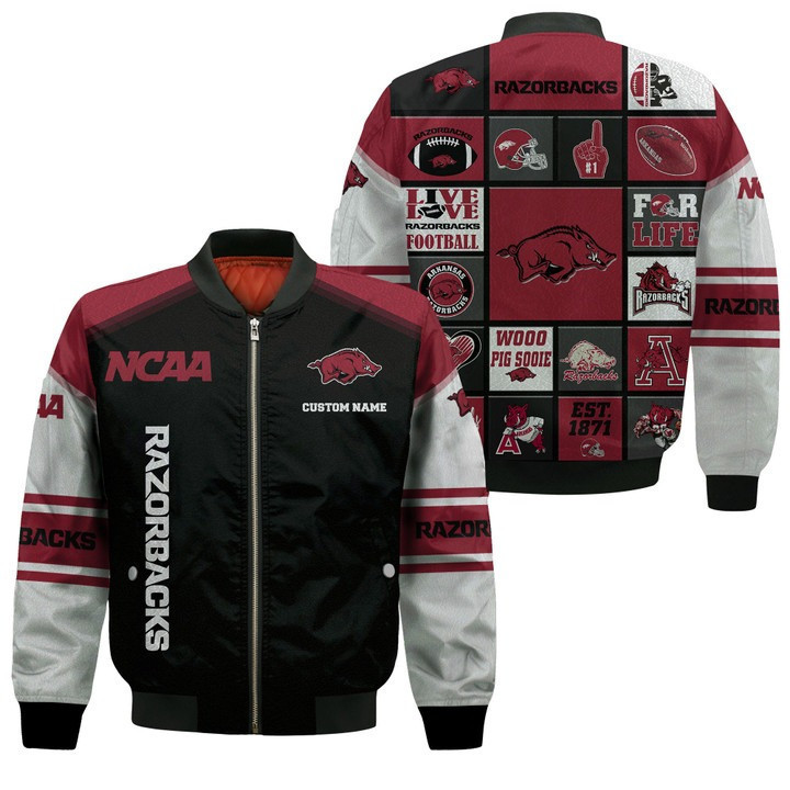 Arkansas Razorbacks Personalized Black Bomber Jacket | NCAA College Team Jacket for Men & Women | Sports Fan Gift