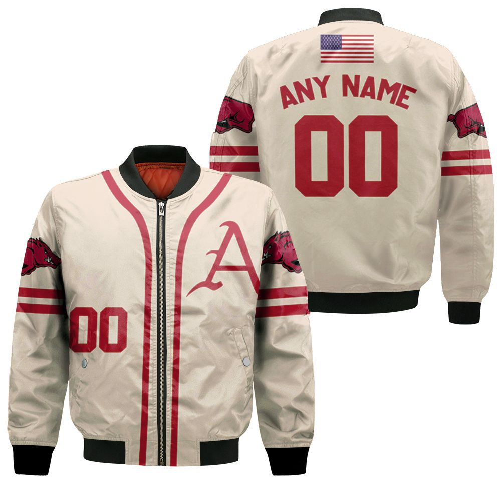 Arkansas Razorbacks Personalized Name Number White Bomber Jacket | NCAA College Team Jacket for Men & Women | Sports Fan Gift