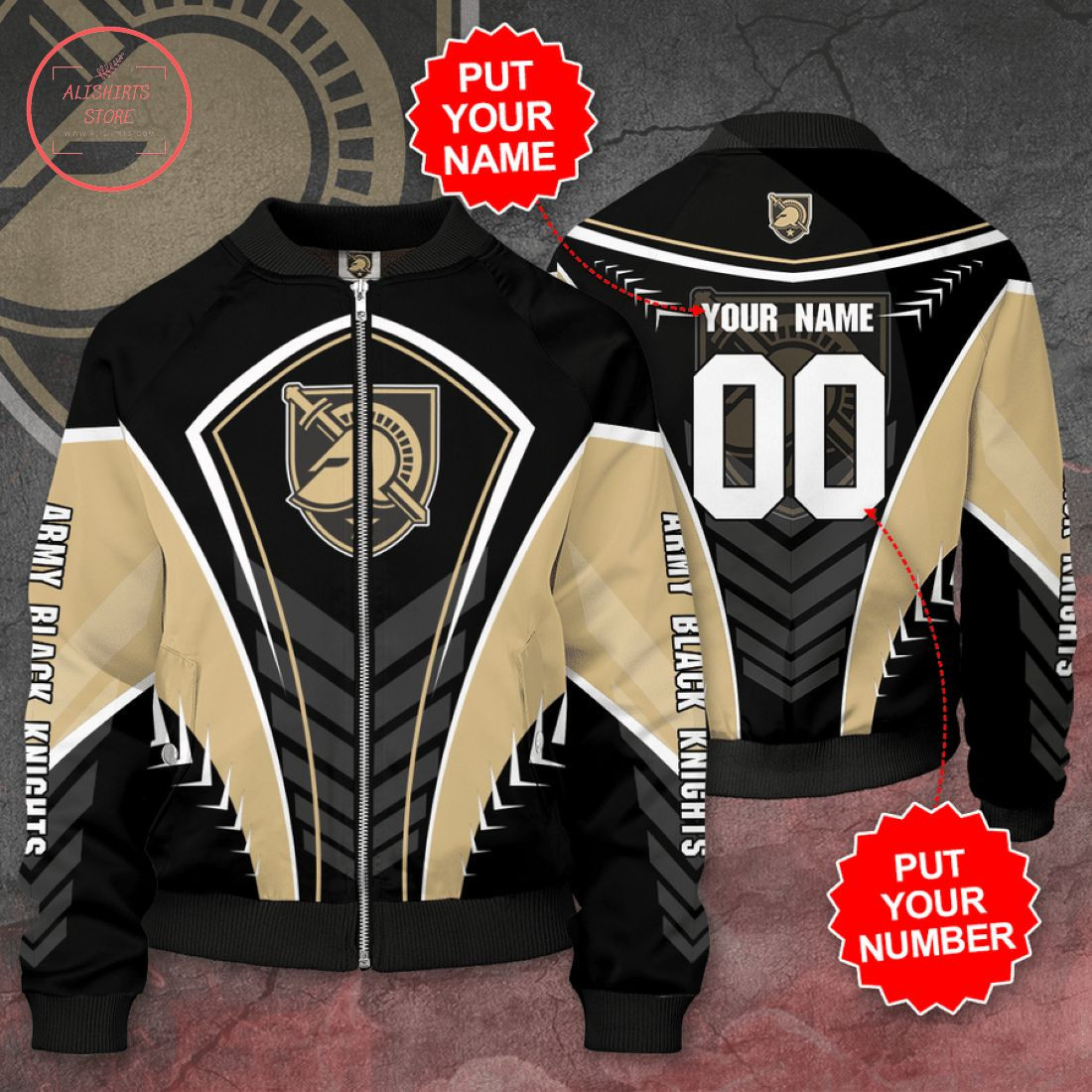 Army Black Knights Personalized Name Number Gold Black Bomber Jacket | NCAA College Team Jacket for Men & Women | Sports Fan Gift
