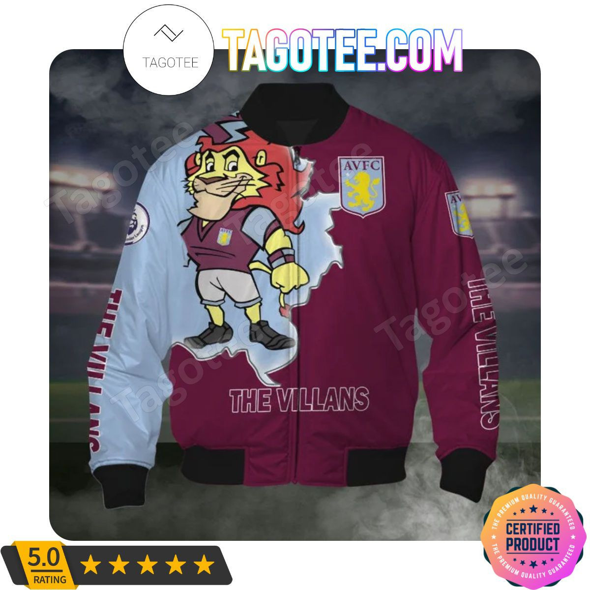 Aston Villa FC Claret Blue Mascot Scratch Bomber Jacket | Streetwear Jacket for Men & Women | Fan Gift