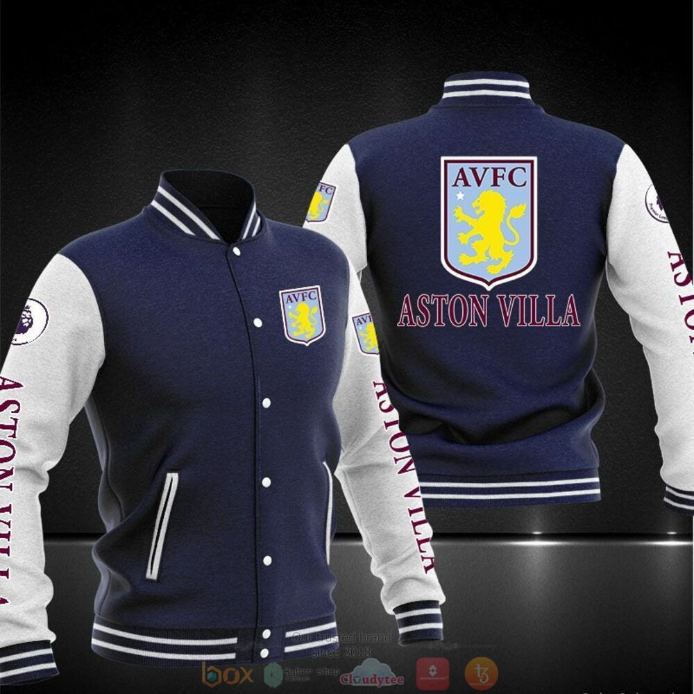 Aston Villa Navy White Varsity Baseball Jacket for Men & Women | Soccer Team Fan Gift