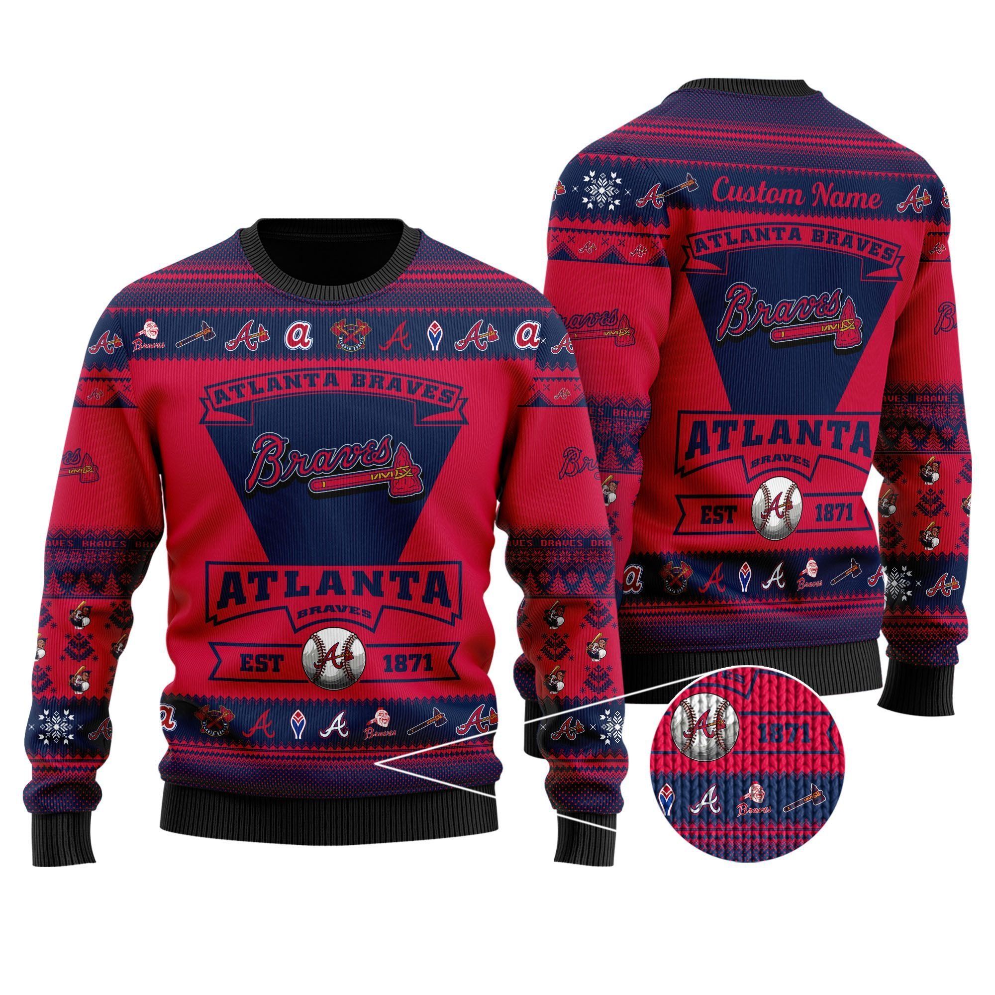 Atlanta Braves Football Team Logo Custom Name Personalized Ugly Christmas Sweater Holiday Party Men Women Plus Size
