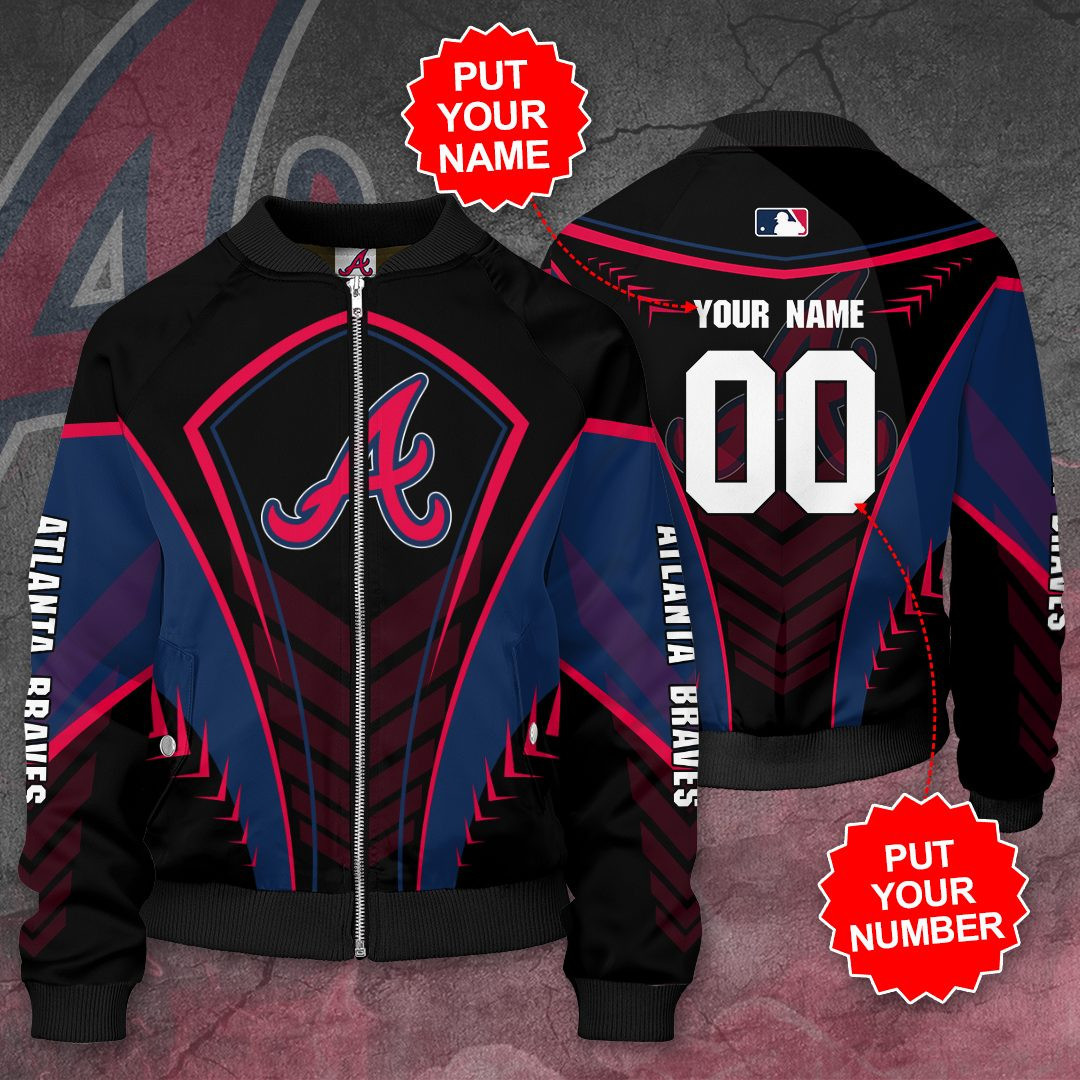 Atlanta Braves Personalized Name Number Black Bomber Jacket | MLB Team Jacket for Men & Women | Baseball Fan Gift
