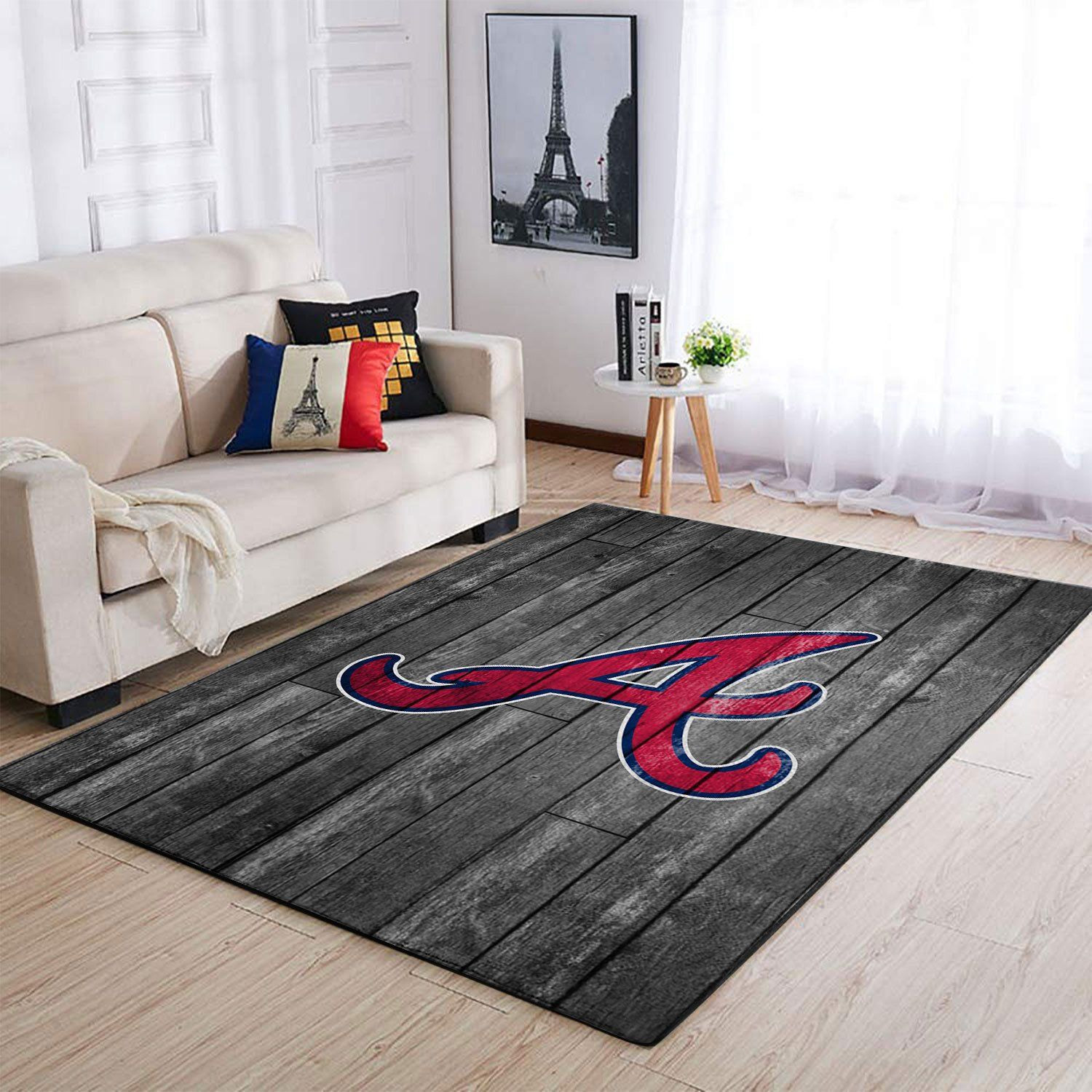 Atlanta Braves Team Logo Grey Wooden Rectangle Area Rug – Full Print Carpet For Living Room & Bedroom Home Decor
