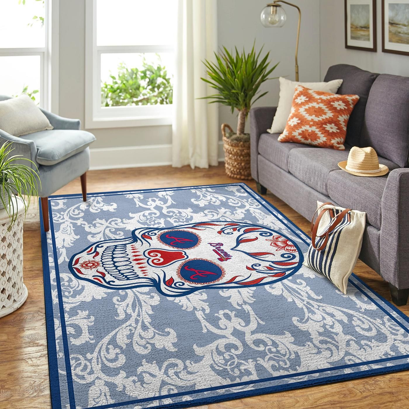 Atlanta Braves Team Logo Skull Rectangle Area Rug – Full Print Carpet For Living Room & Bedroom Home Decor