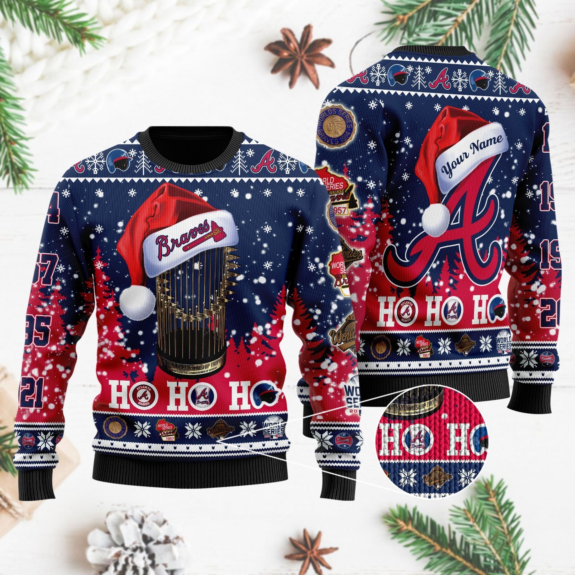 Atlanta Braves World Series Champions Ho Ho Ho 3D Custom Name Ugly Christmas Sweater For MLB American Baseball Fans On Xmas Days