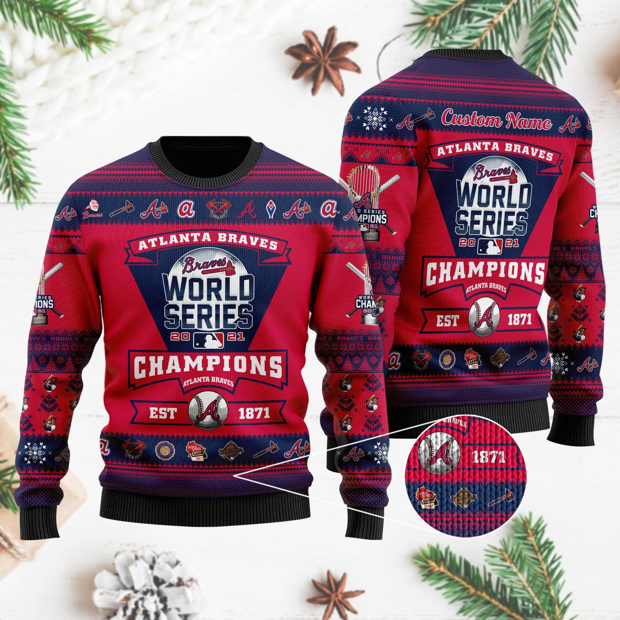 Atlanta Braves World Series Trophy Christmas Ugly Christmas Sweater