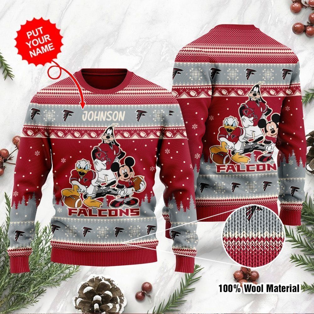 Atlanta Falcons Disney Donald Duck Mickey Mouse Goofy Custom Name Personalized Ugly Christmas Sweater Holiday Party For Men Women