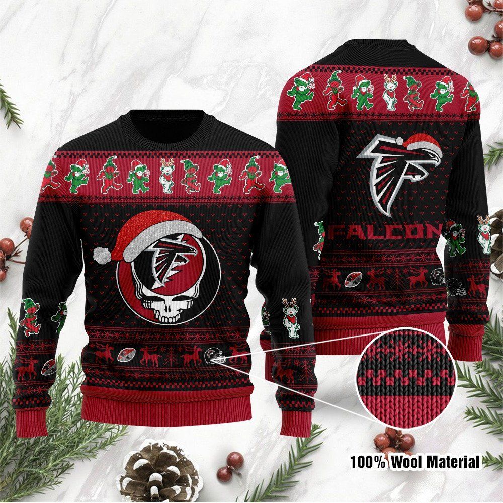 Atlanta Falcons Grateful Dead SKull And Bears Custom Name Ugly Christmas Sweater NFL Football Christmas