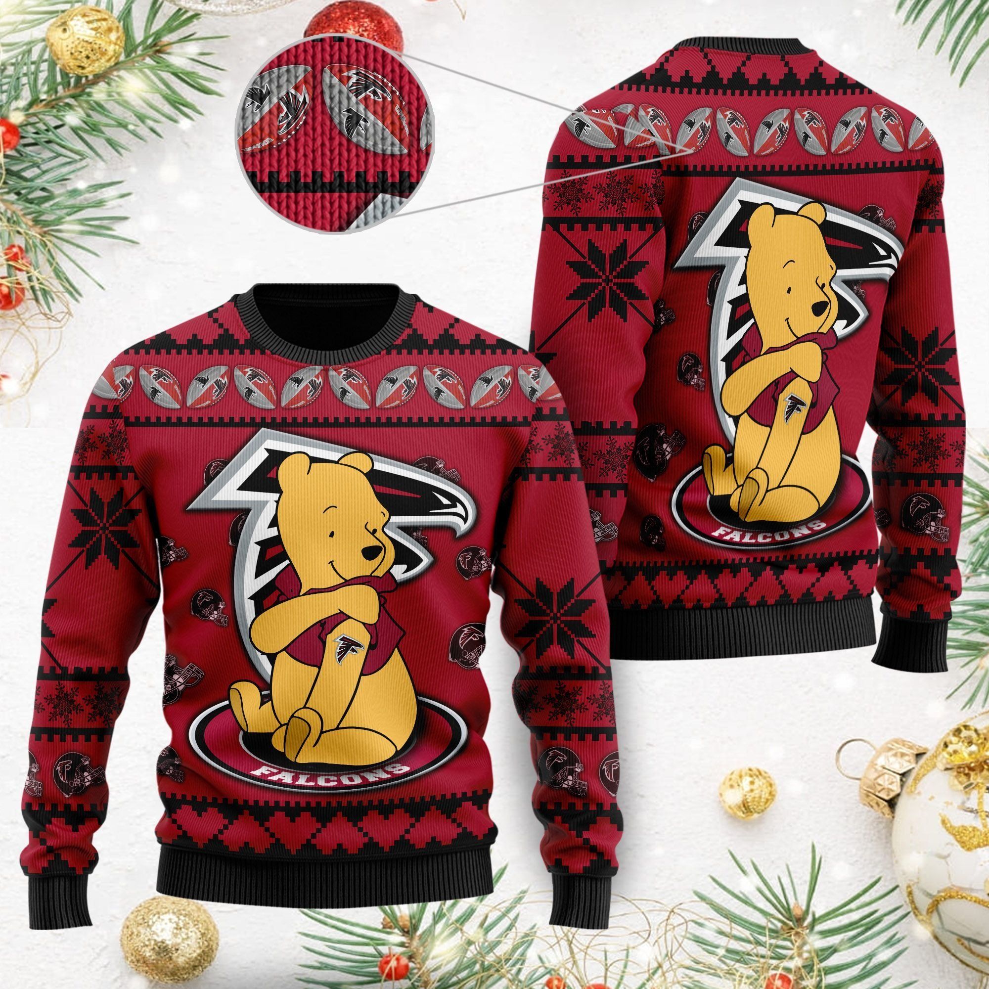 Atlanta Falcons NFL American Football Team Logo Cute Winnie The Pooh Bear 3D Ugly Christmas Sweater