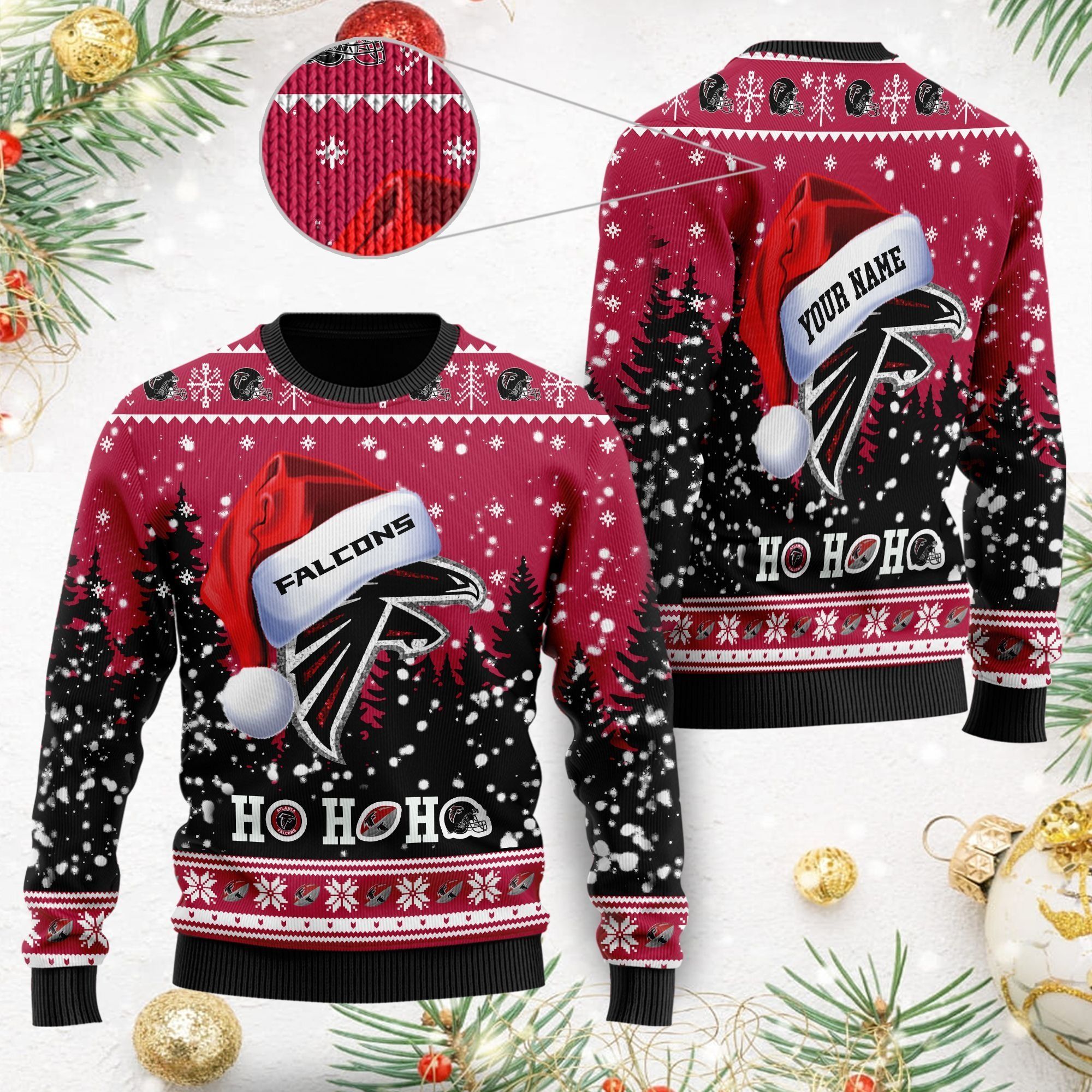 Atlanta Falcons Symbol Wearing Santa Claus Hat Cute Pattern Ho Ho Ho Custom Personalized Ugly Christmas Sweater For Football Fans On Xmas Party