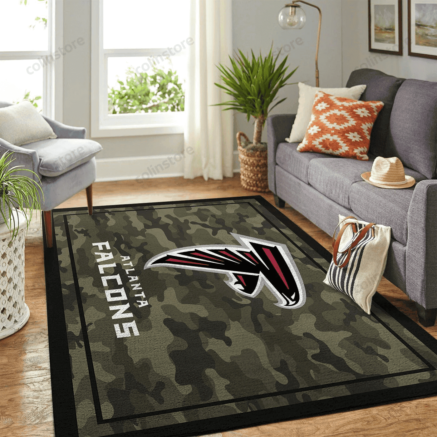 Atlanta Falcons Team Logo Camo Rectangle Area Rug – Full Print Carpet For Living Room & Bedroom Home Decor