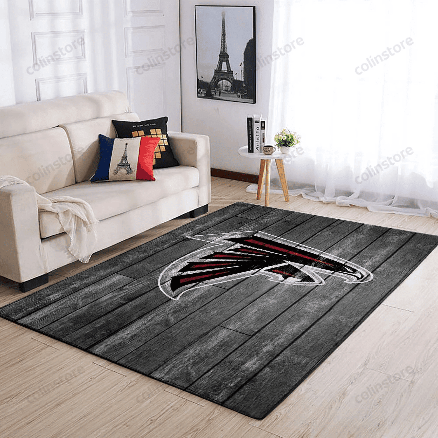 Atlanta Falcons Team Logo Grey Wooden Rectangle Area Rug – Full Print Carpet For Living Room & Bedroom Home Decor