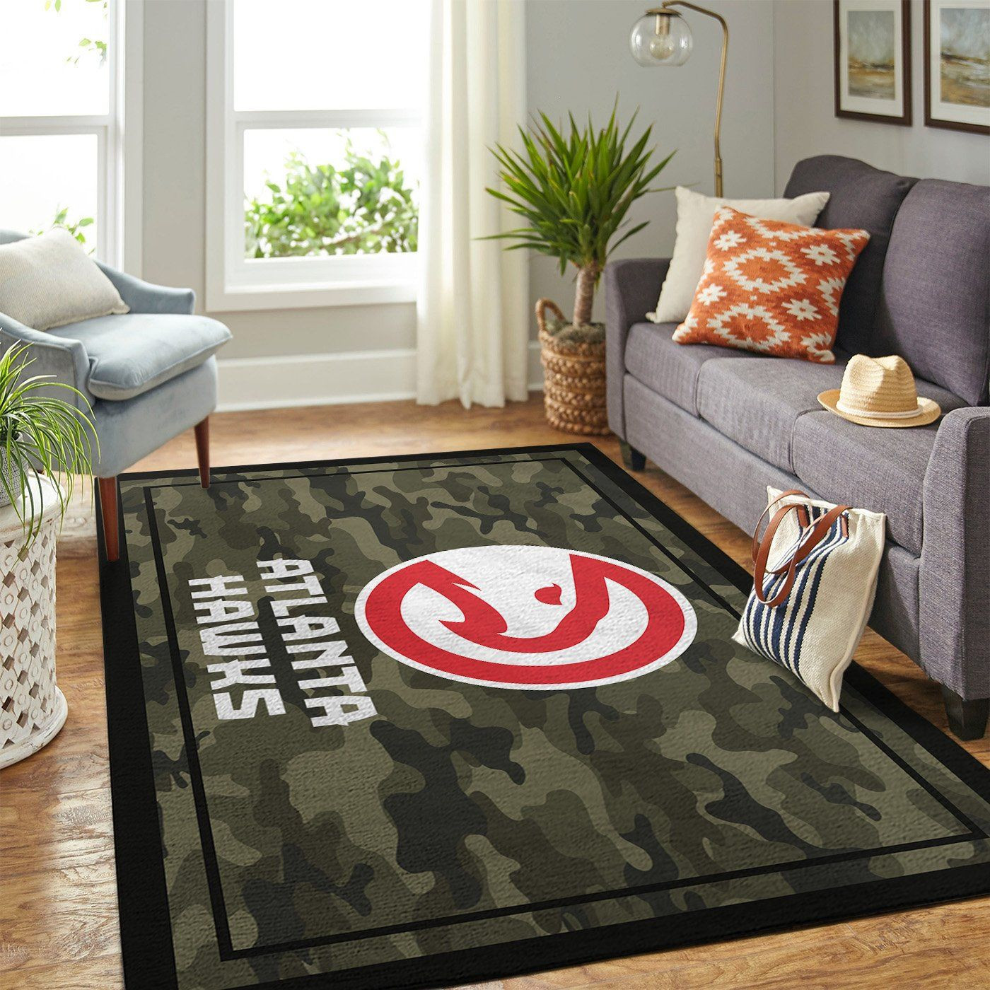 Atlanta Hawks Team Logo Camo Rectangle Area Rug – Full Print Carpet For Living Room & Bedroom Home Decor