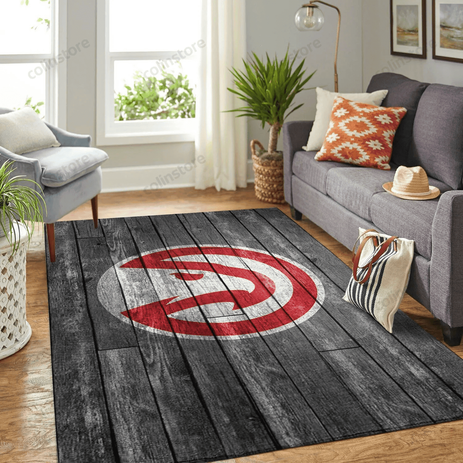 Atlanta Hawks Team Logo Grey Wooden 3D Rectangle Area Rug – Full Print Carpet For Living Room & Bedroom Home Decor
