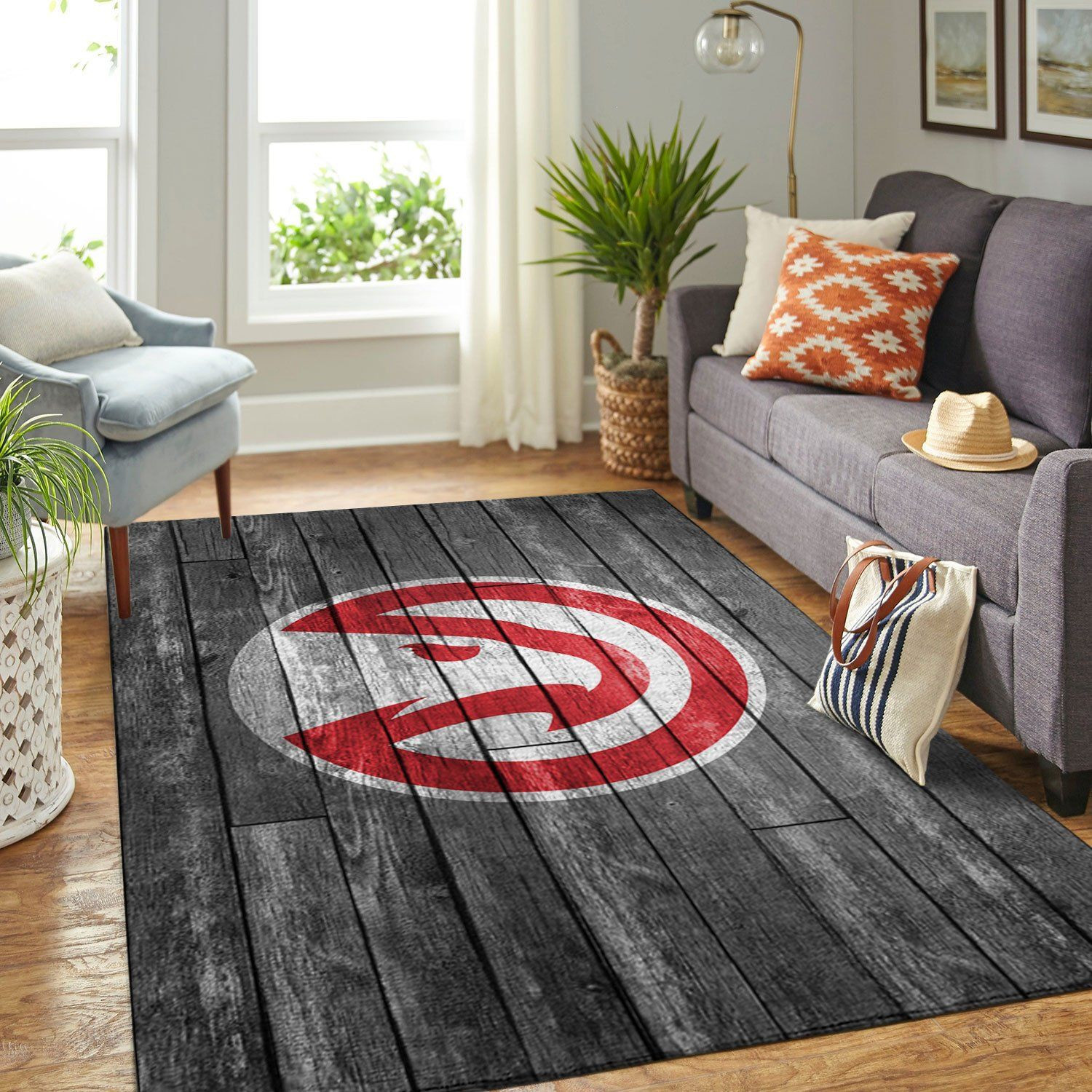 Atlanta Hawks Team Logo Grey Wooden Rectangle Area Rug – Full Print Carpet For Living Room & Bedroom Home Decor
